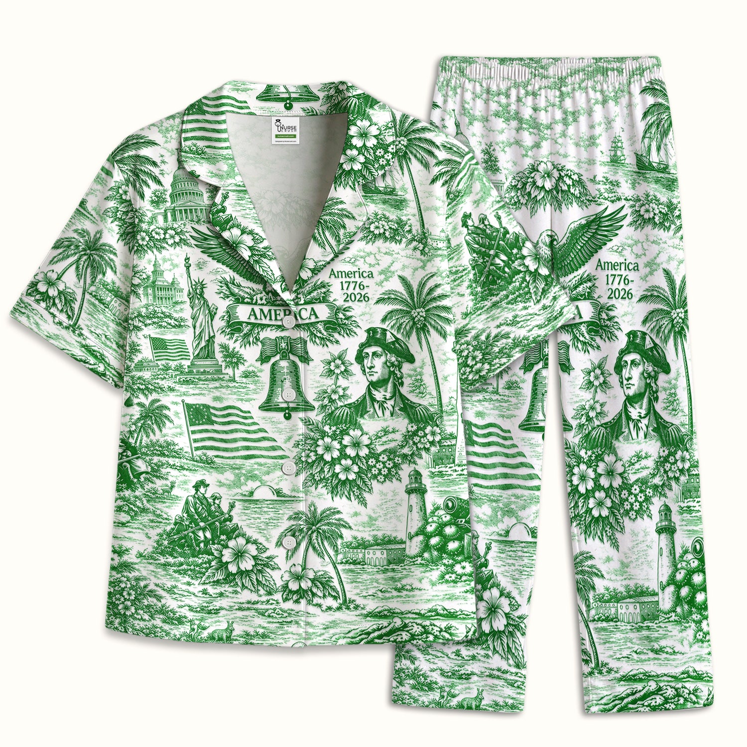 Patriotic America Heritage Toile Pattern Pajama Set, Breathable Fabrics Uniform