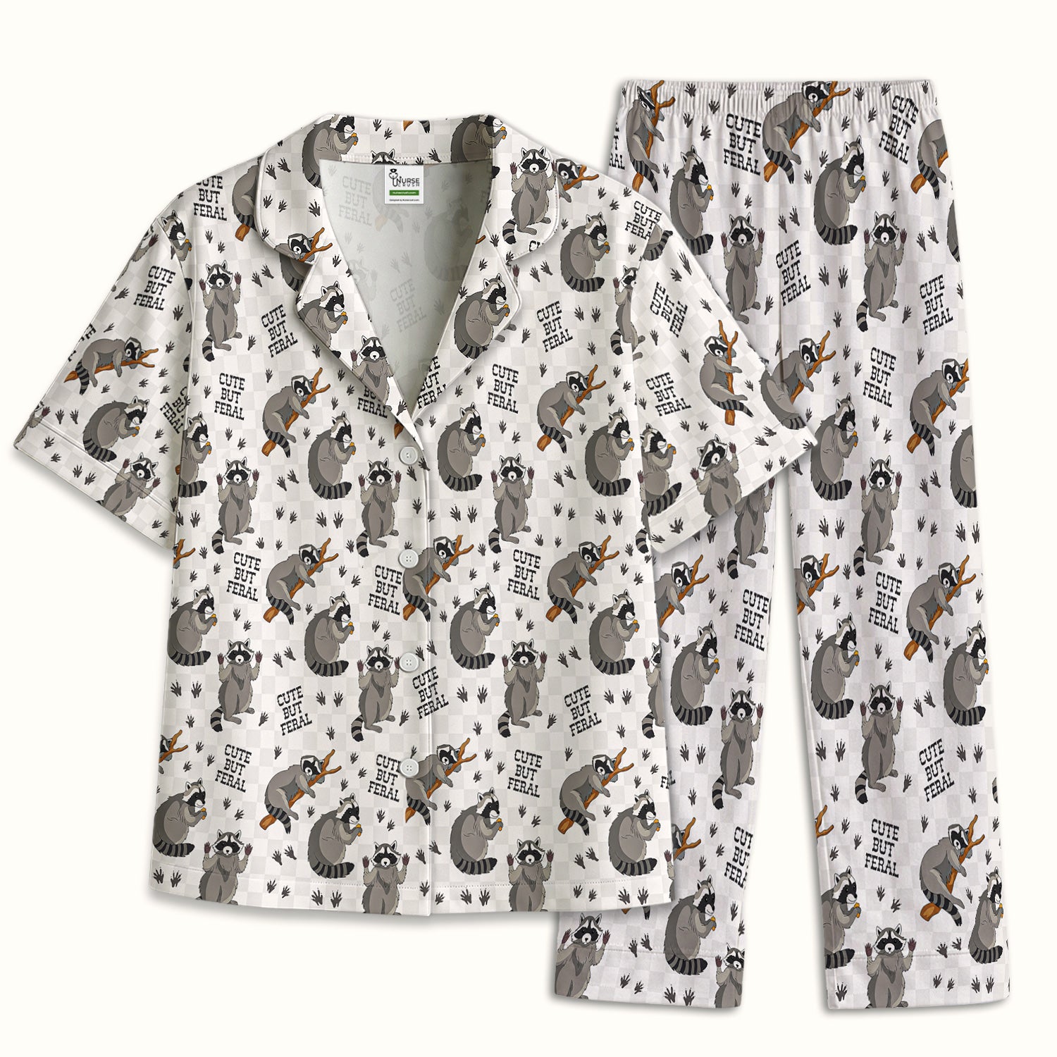 Funny Feral Raccoon Pattern Pajama Set, Soft Breathable Fabric Comfortable Sleepwear
