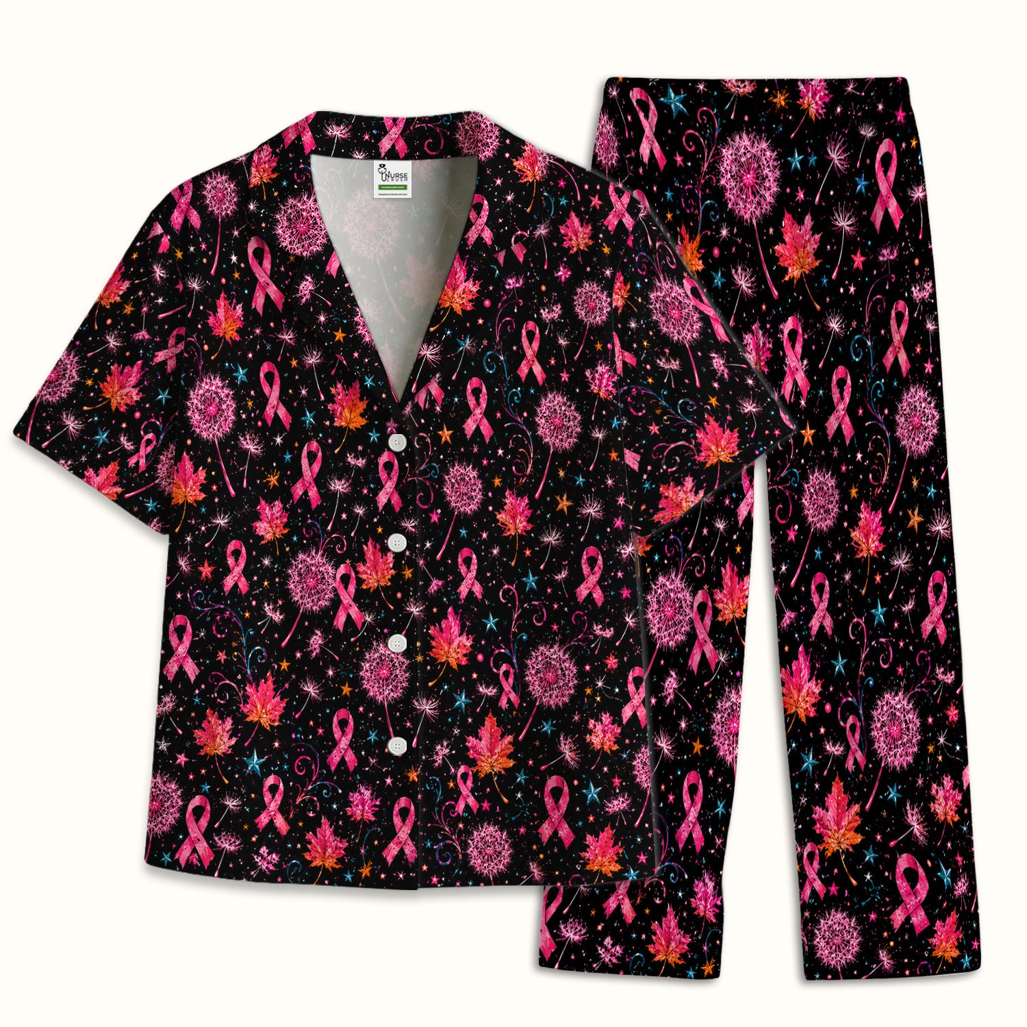Breast Cancer Awareness Pink Ribbon Fall Pajama Set, Soft Breathable Fabric Comfortable Sleepwear