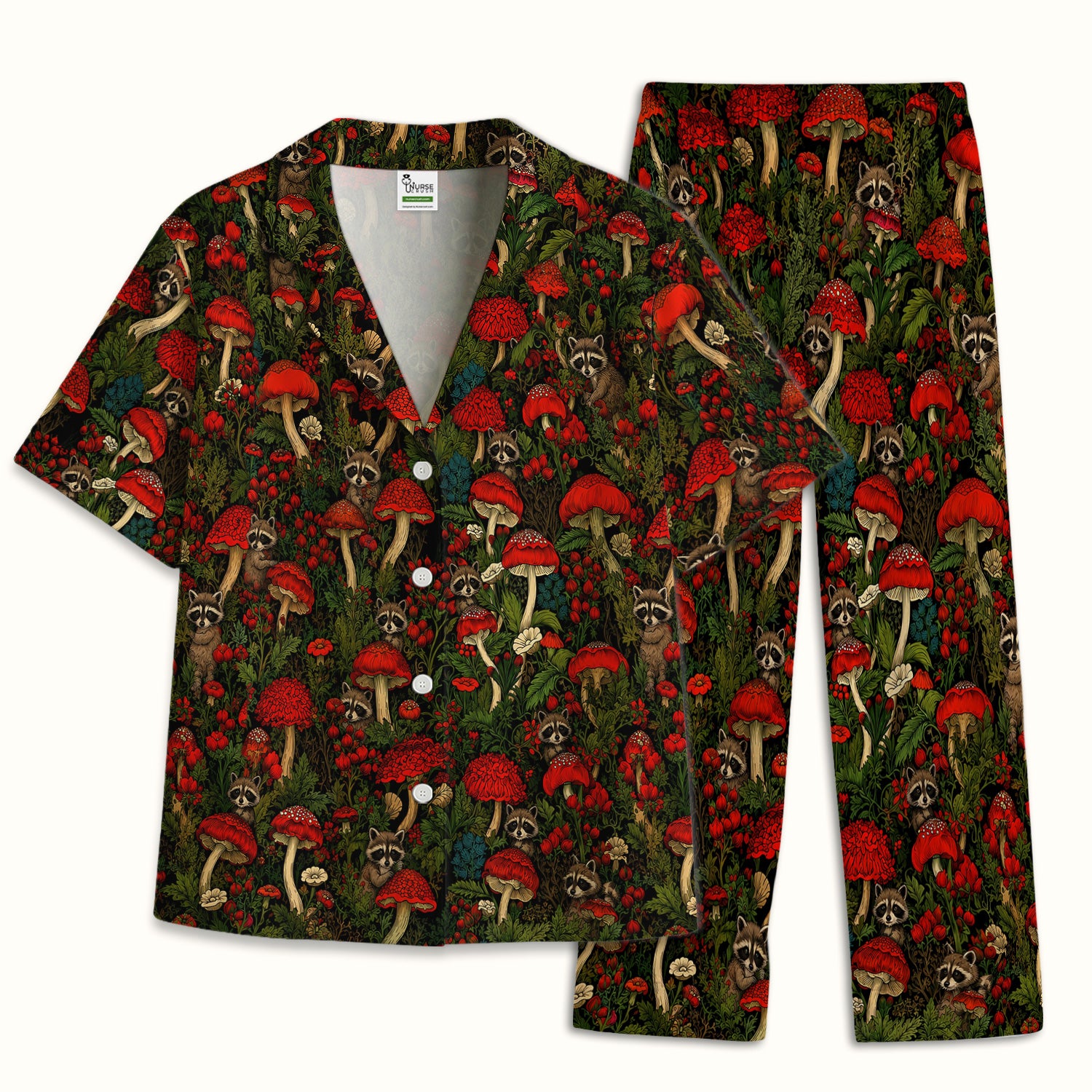 Woodland Raccoon Red Mushroom Pattern Pajama Set, Soft Breathable Fabric Comfortable Sleepwear