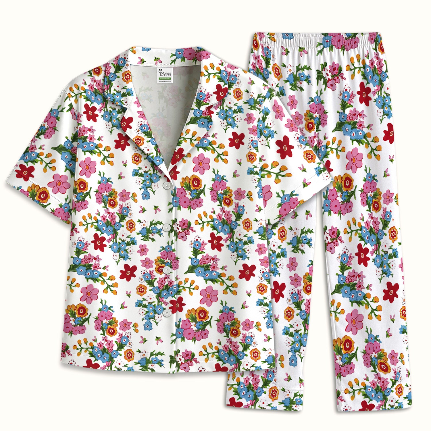 Charming Vintage Floral Bouquet Pattern Pajama Set, Breathable Fabrics Uniform