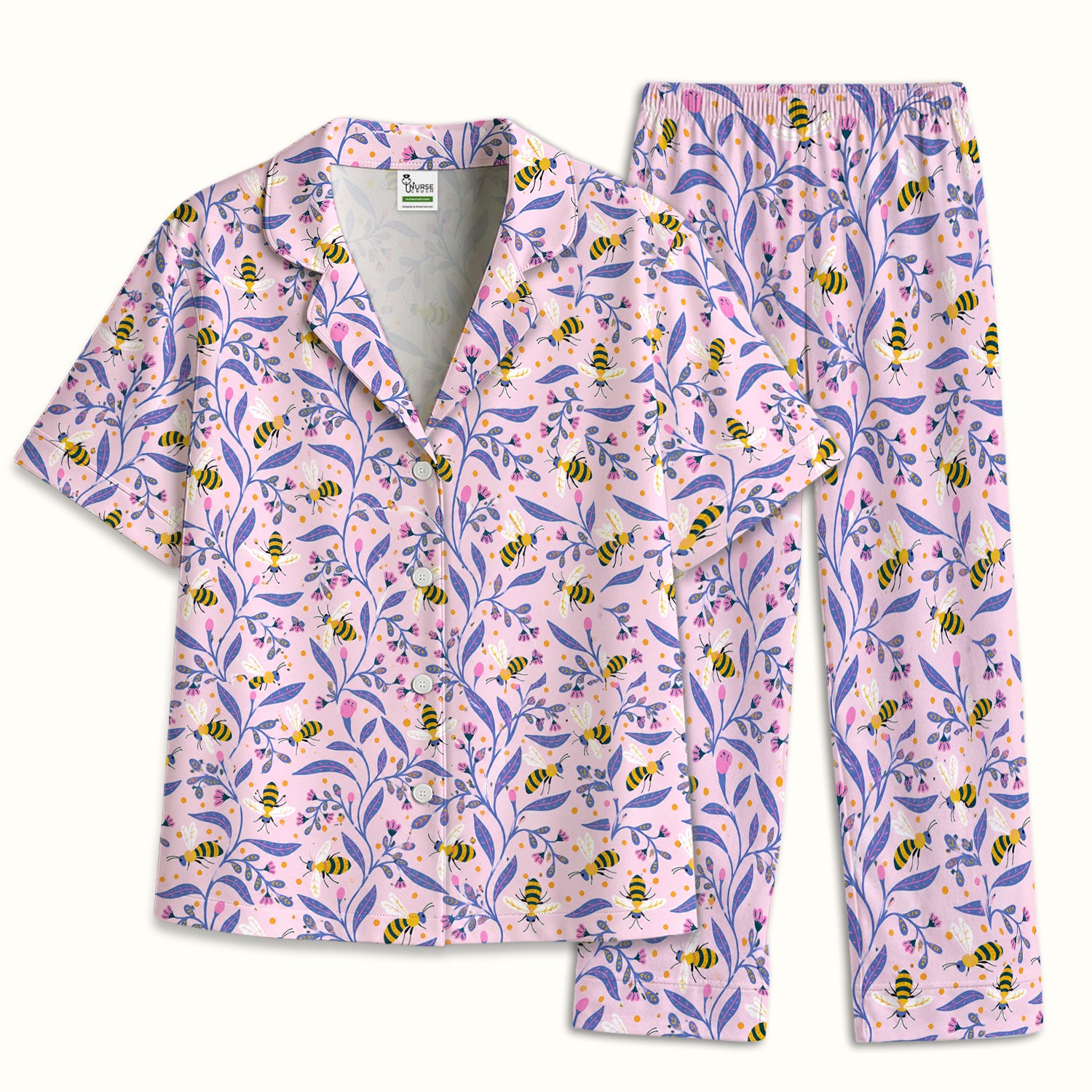 Cute Bumble Bee Floral Pattern Pajama Set, Soft Breathable Fabric Comfortable Sleepwear
