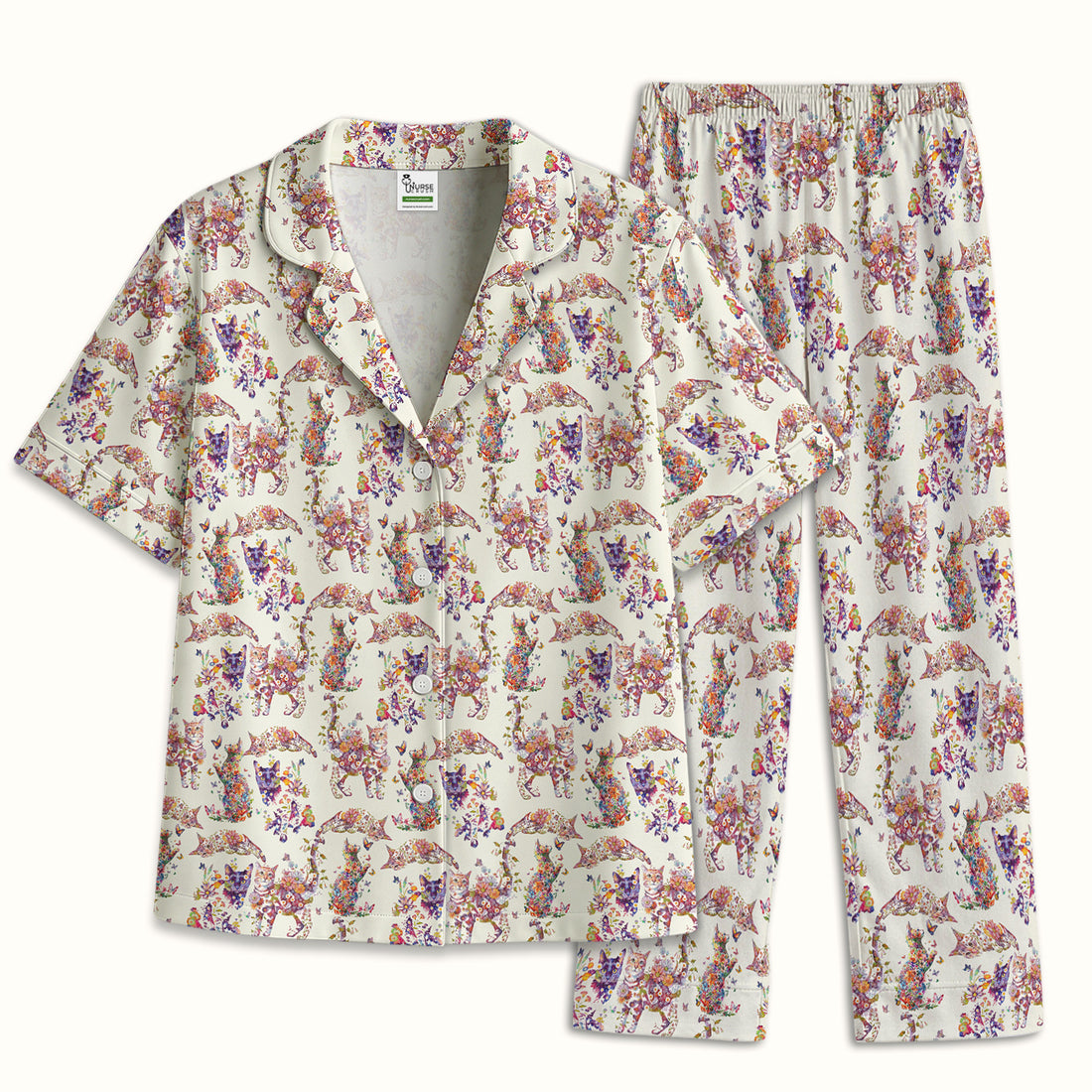 Whimsical Floral Cat Garden Pattern Pajama Set, Soft Breathable Fabric Comfortable Sleepwear