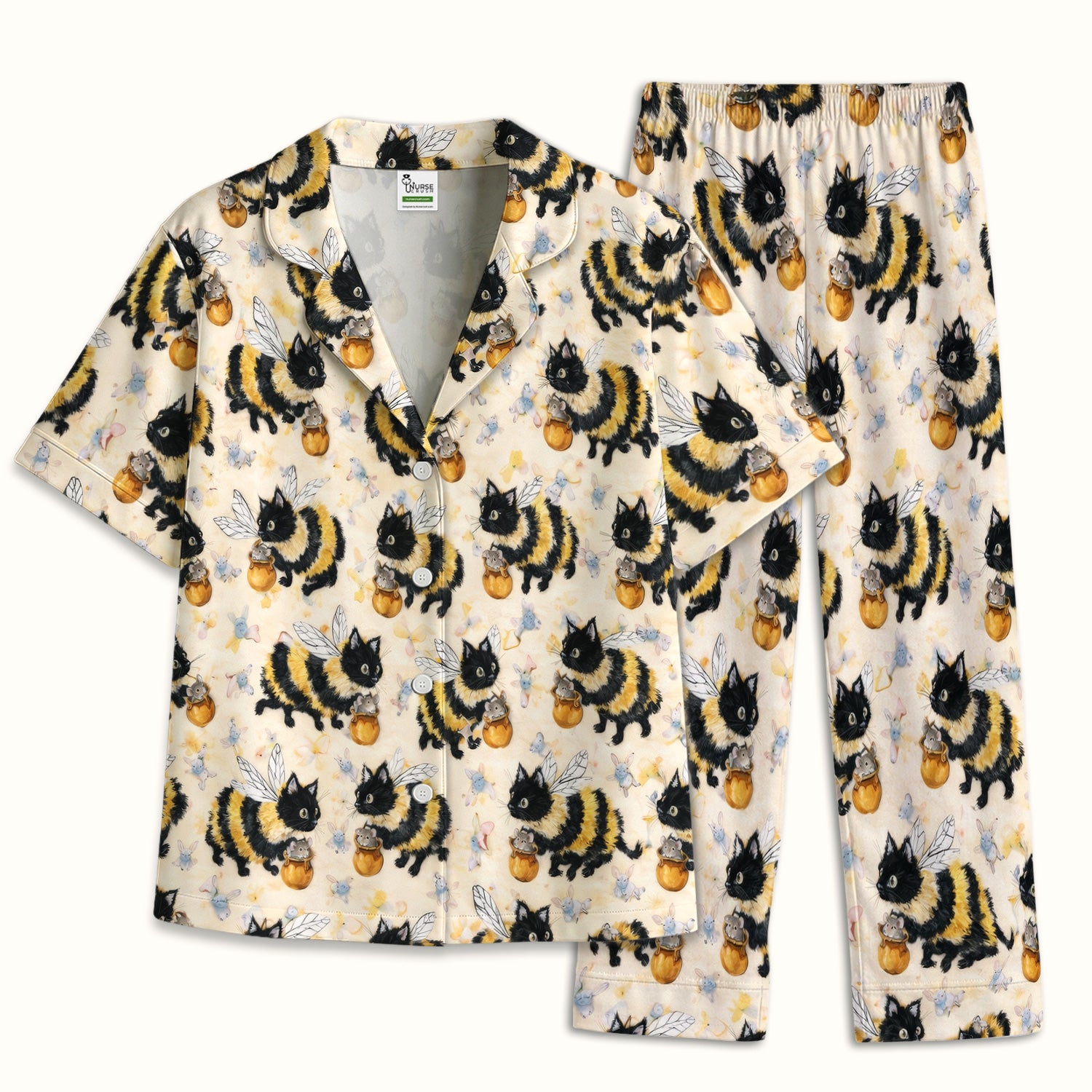 Adorable Nurse Bumblebee Cat Honey Jar Winged Pattern Pajama Set, Soft Breathable Fabric Comfortable Sleepwear