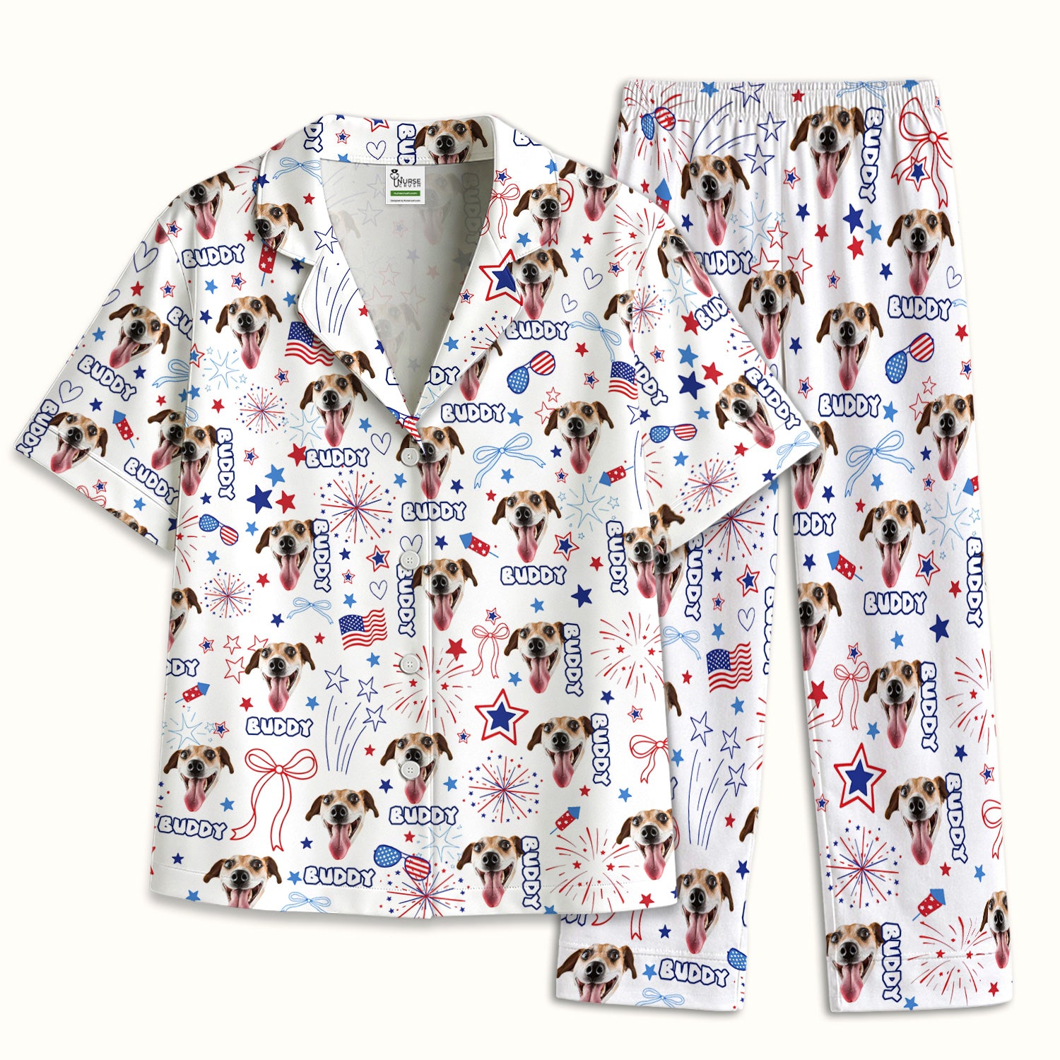 Personalized Patriotic Dog Face Name Pattern Pajama Set, Soft Breathable Fabric Comfortable Sleepwear
