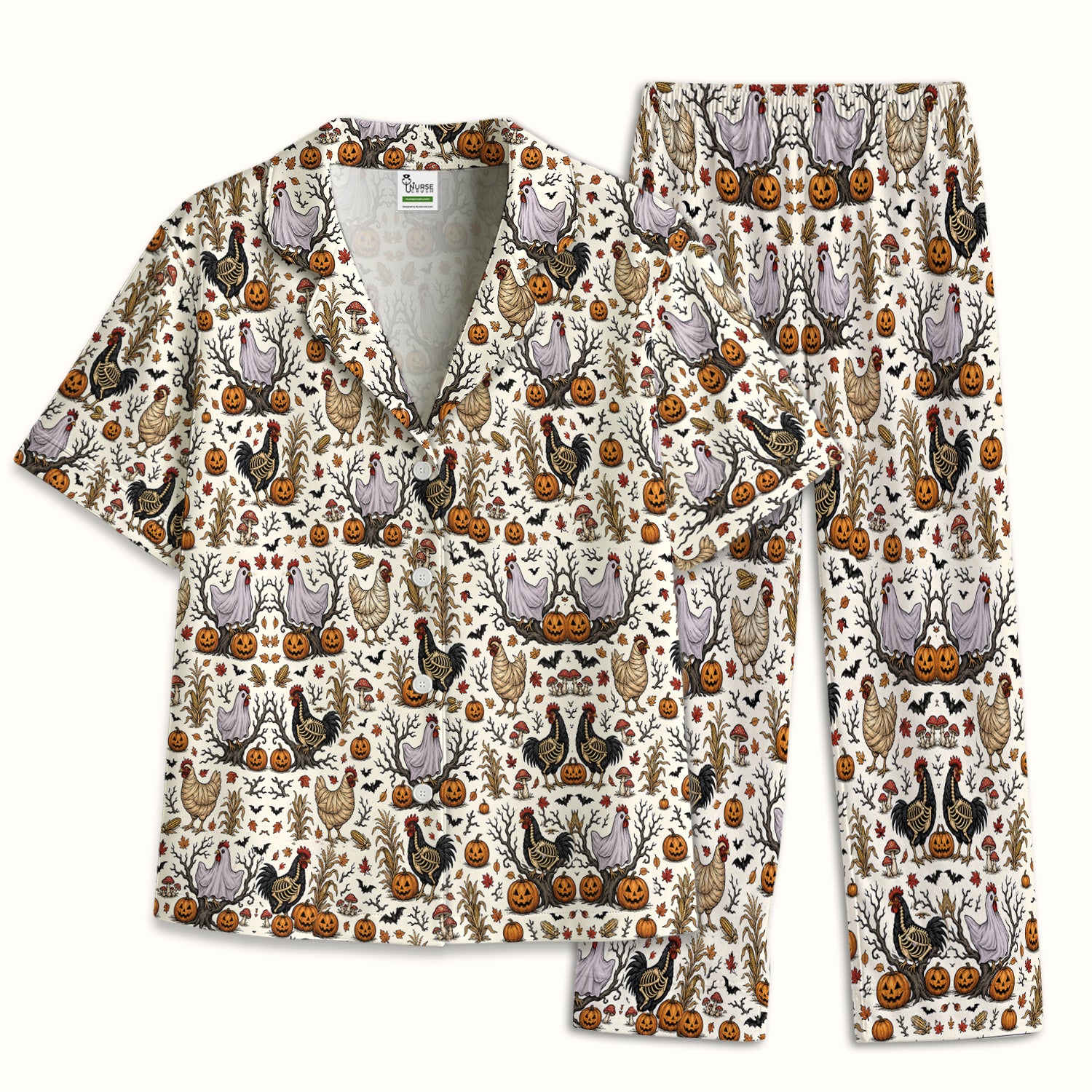 Halloween Skeleton Chickens Pattern Pajama Set, Soft Breathable Fabric Comfortable Sleepwear
