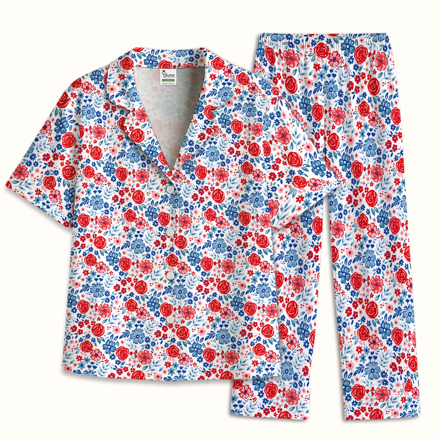 Red Blue Floral Garden Blossom Pattern Pajama Set, Soft Breathable Fabric Comfortable Sleepwear