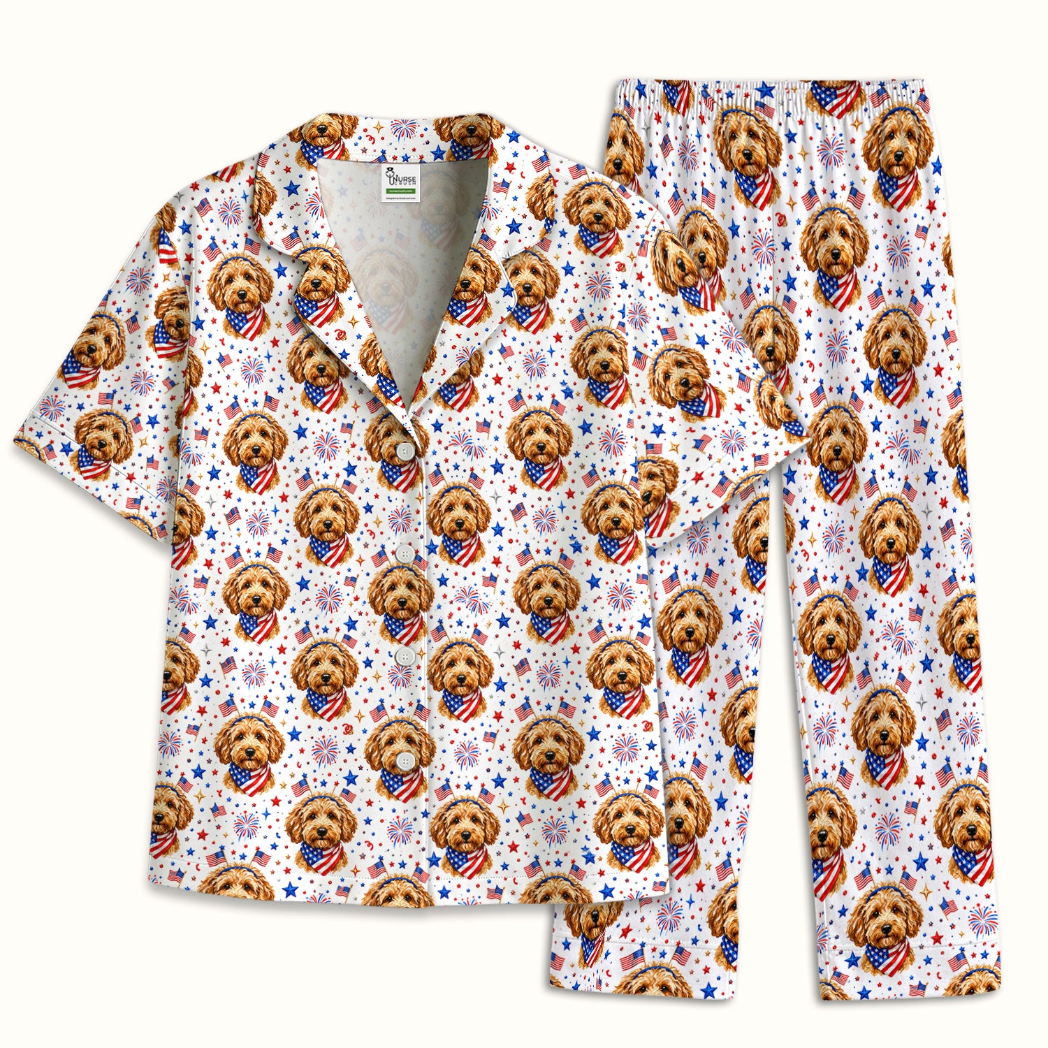 Patriotic Goldendoodle Nurse Pattern Pajama Set, Soft Breathable Fabric Comfortable Sleepwear