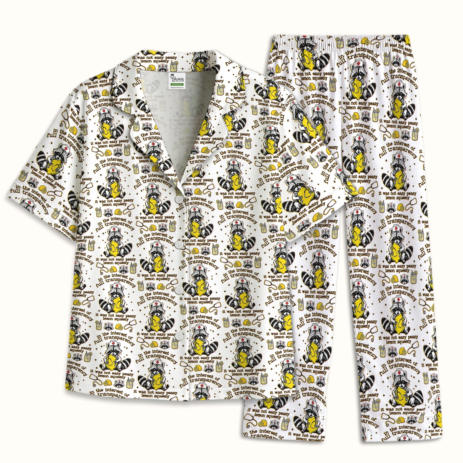 Raccoon Lemon Quote Medical Humor Pattern Pajama Set, Breathable Fabrics Uniform