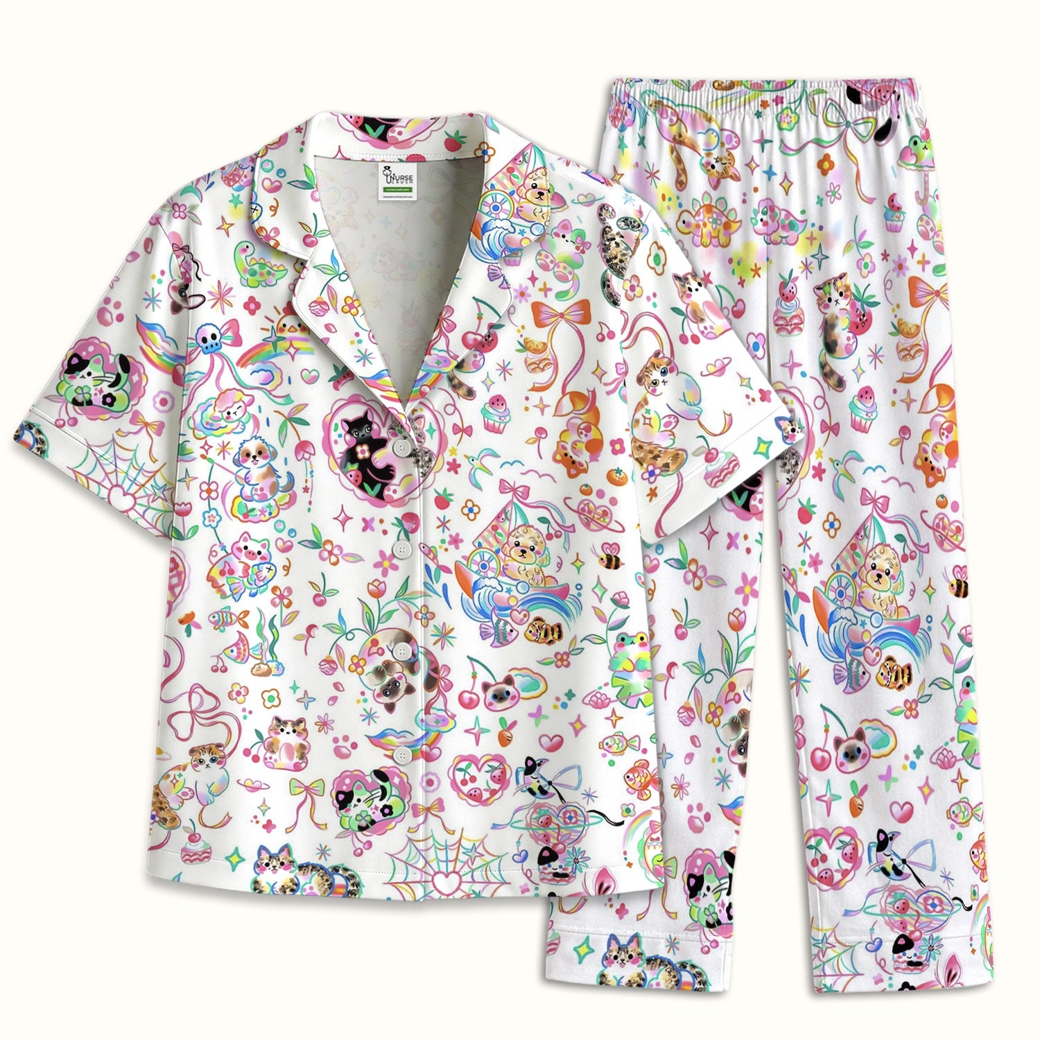 Cute Kawaii Animal Rainbow Heart Pattern Pajama Set, Soft Breathable Fabric Comfortable Sleepwear