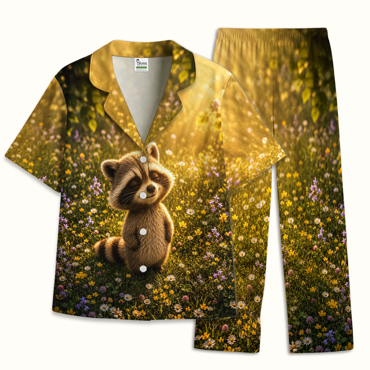 Smiling Raccoon Meadow Flower Pattern Pajama Set, Soft Breathable Fabric Comfortable Sleepwear