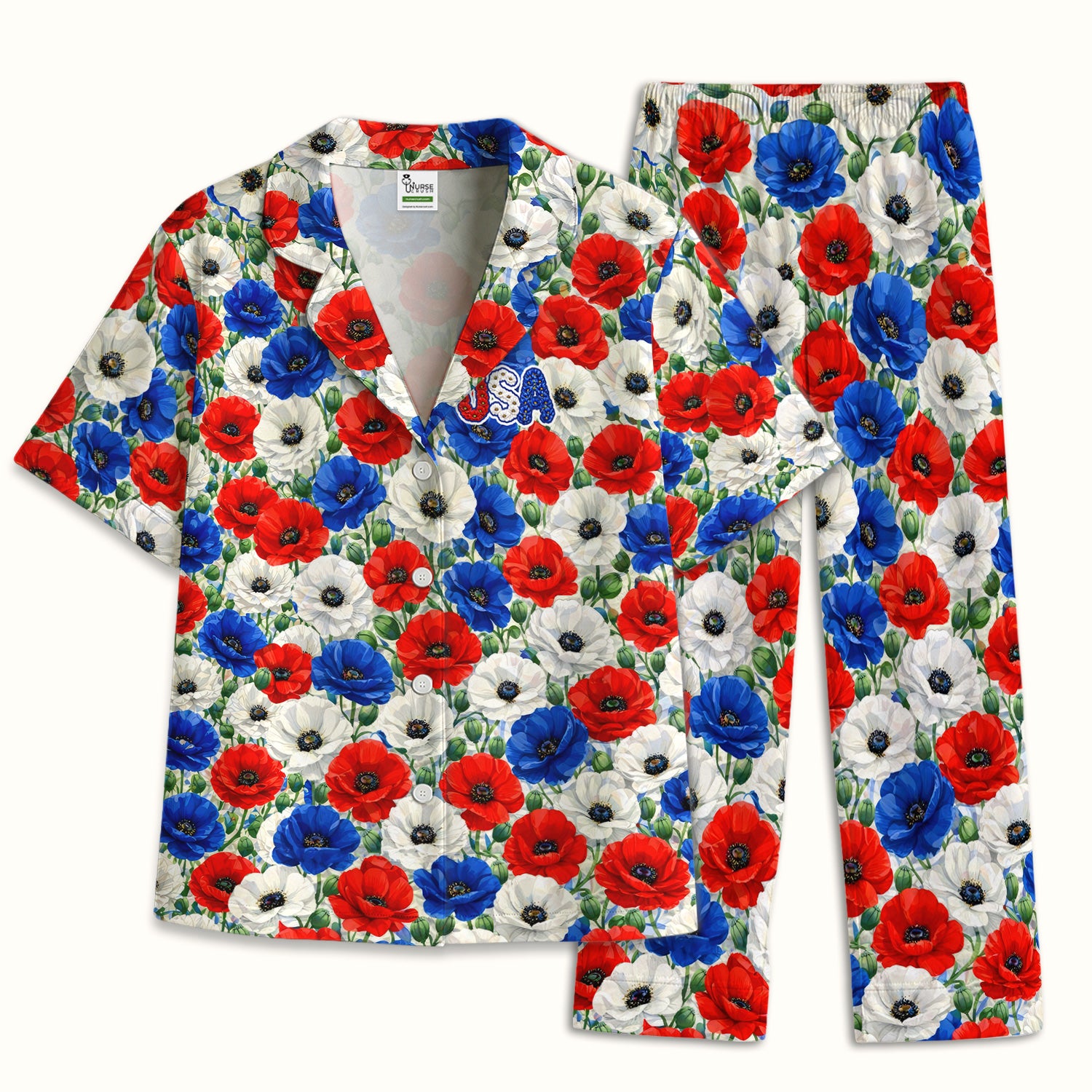 Festive Patriotic Red Blue Poppy Floral Pattern Pajama Set, Soft Breathable Fabric Comfortable Sleepwear