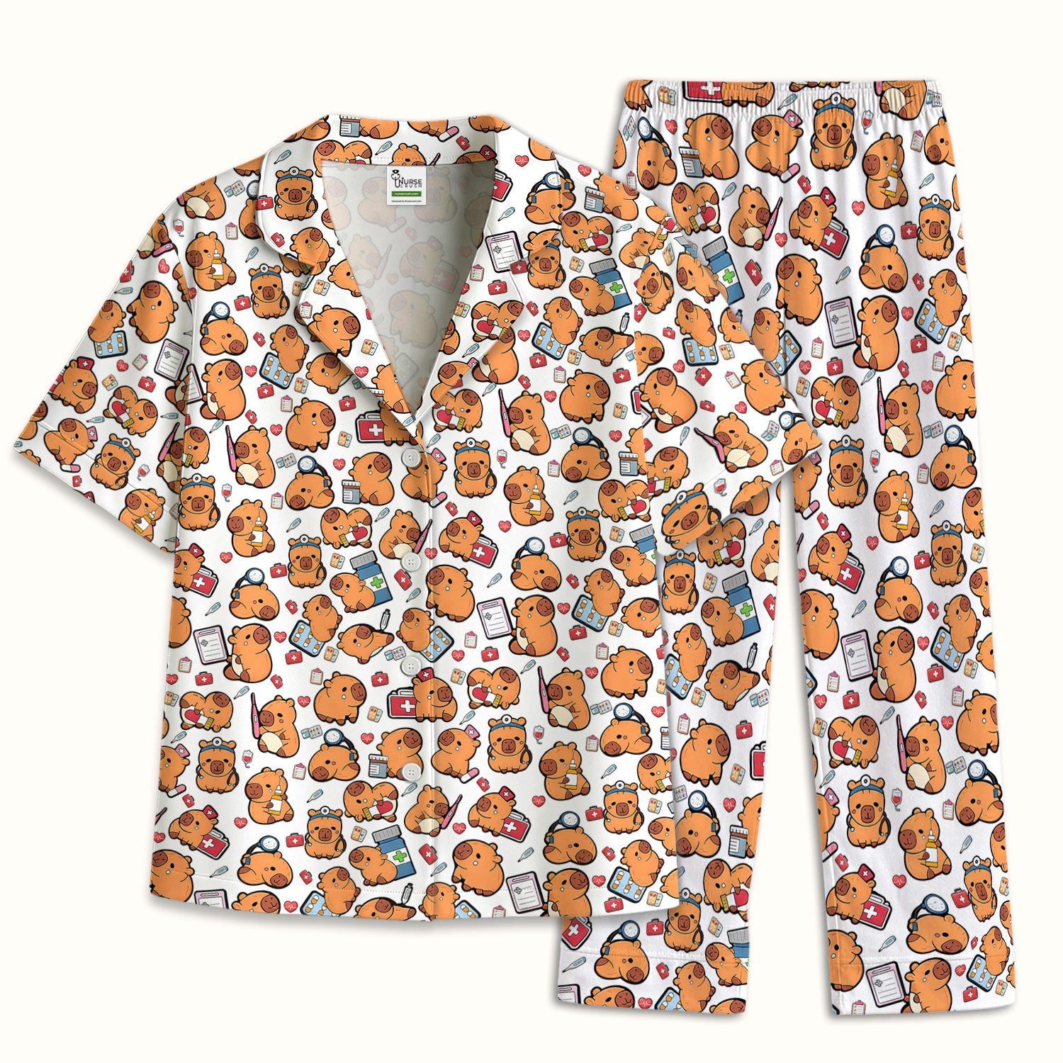 Capybara With Stethoscope And Medical Tools Seamless Pajama Set, Breathable Fabrics Uniform