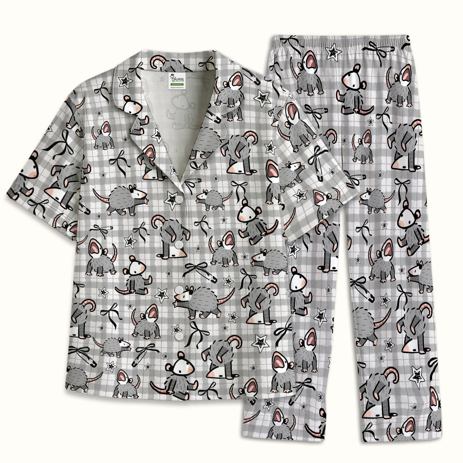 Funny Mouse Cartoon Pattern Print Pajama Set, Breathable Fabrics Uniform