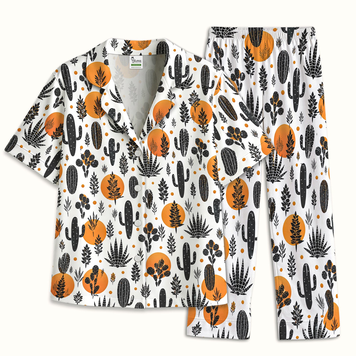 Desert Cactus Orange Sun Pattern Pajama Set, Soft Breathable Fabric Comfortable Sleepwear