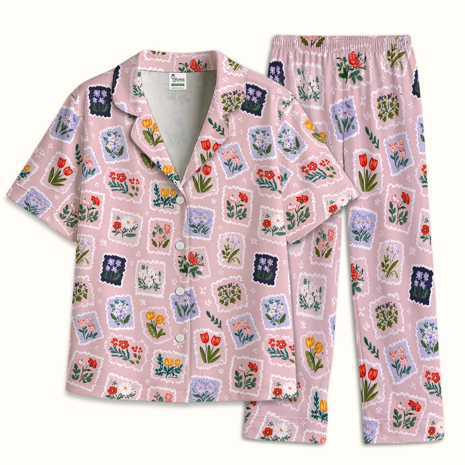 Vintage Flower Stamp Pattern Pajama Set, Breathable Fabrics Uniform