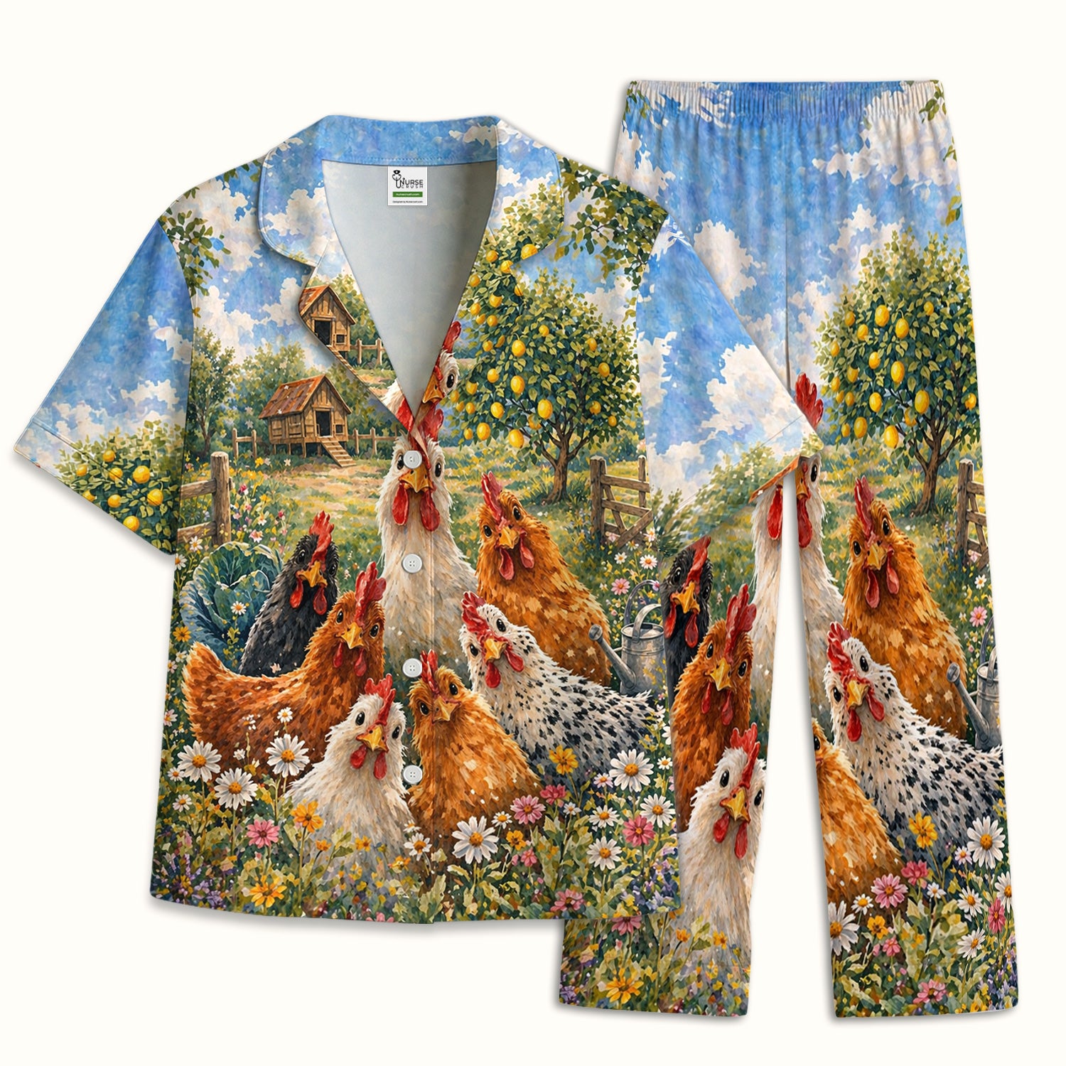 Rustic Chicken Family Farm Garden Pattern Nurse Pajama Set, Soft Breathable Fabric Comfortable Sleepwear