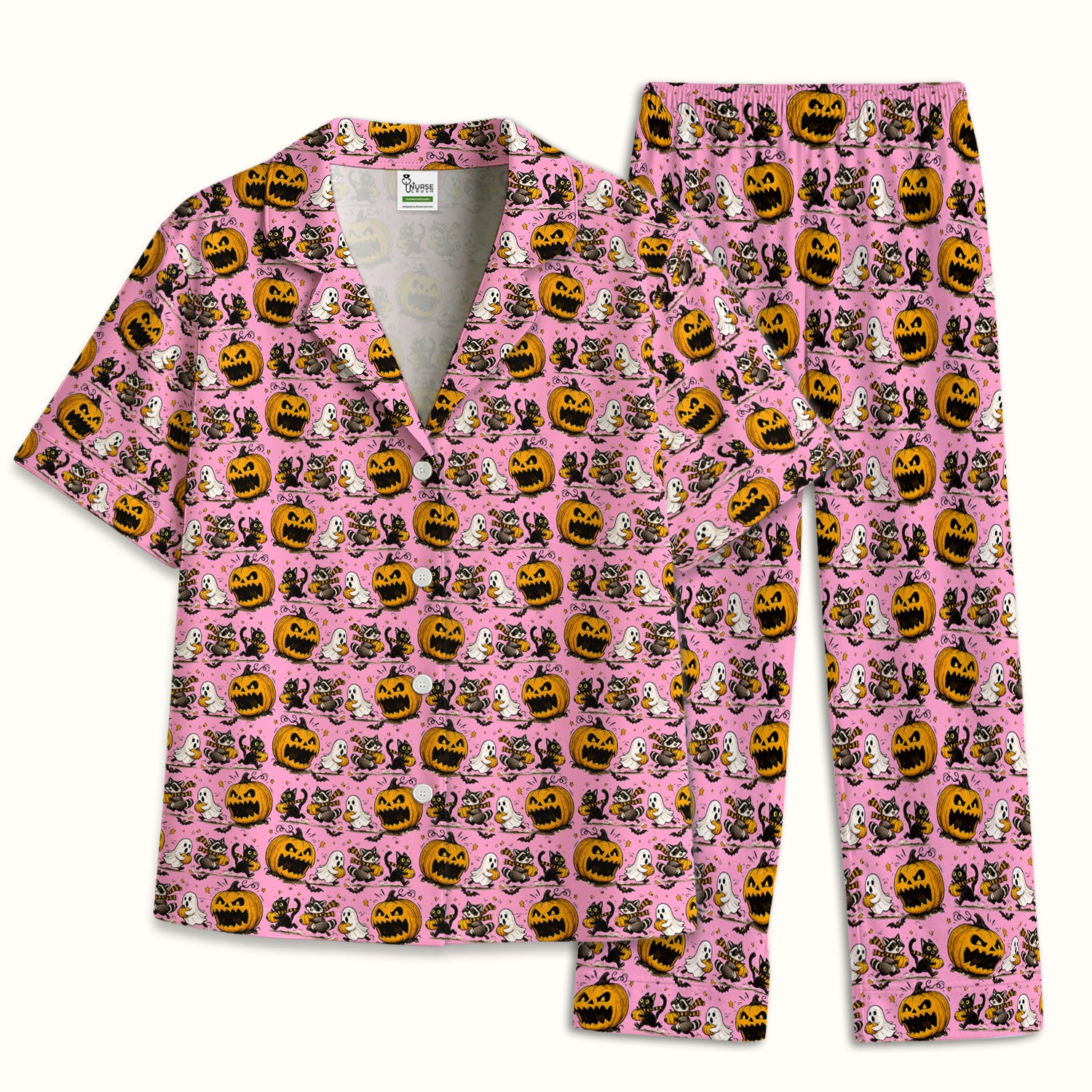 Spooky Halloween Woodland Critters Pattern Pajama Set, Soft Breathable Fabric Comfortable Sleepwear