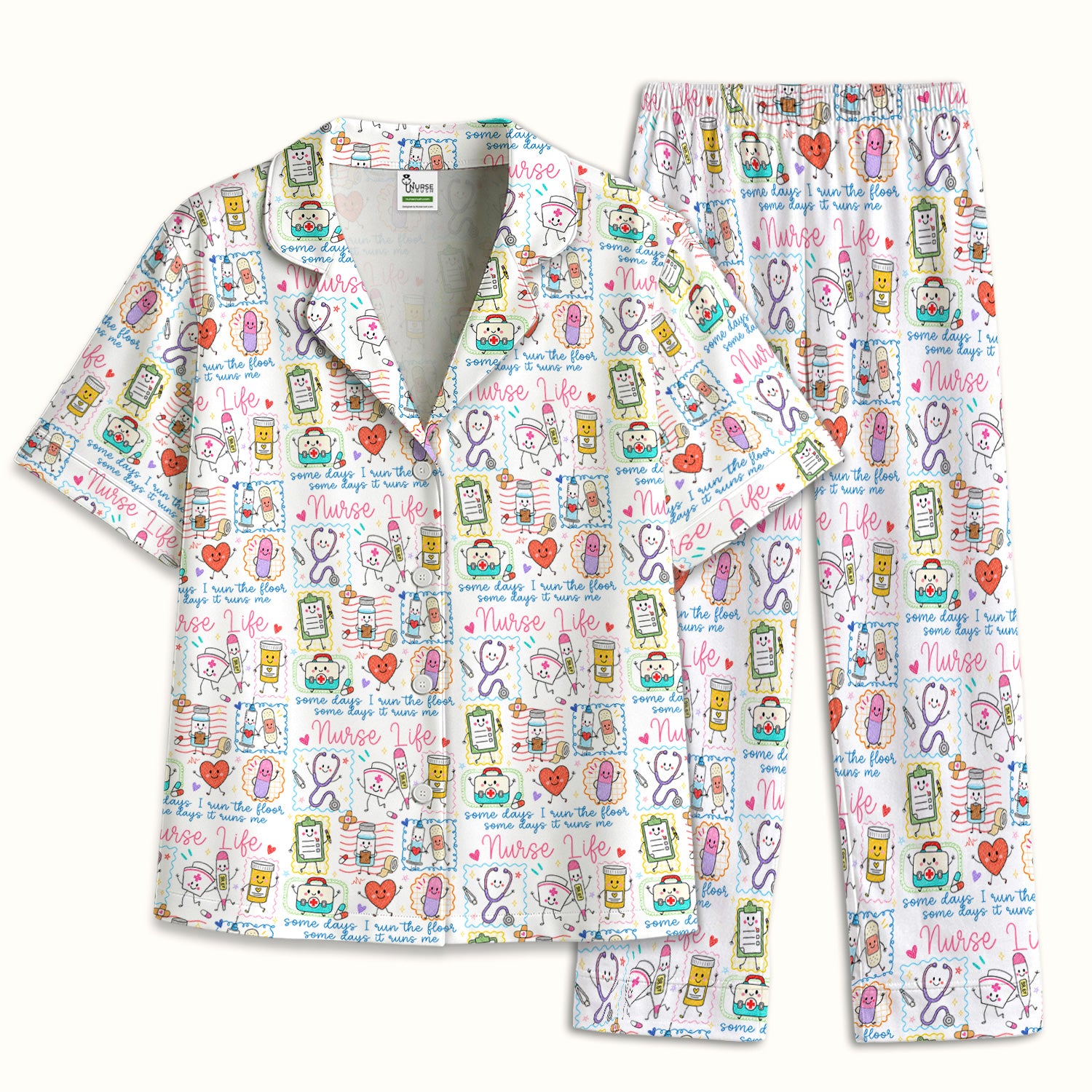 Cute Nurse Life Doodle Pediatric Nurse Pajama Set, Soft Breathable Fabric Comfortable Sleepwear