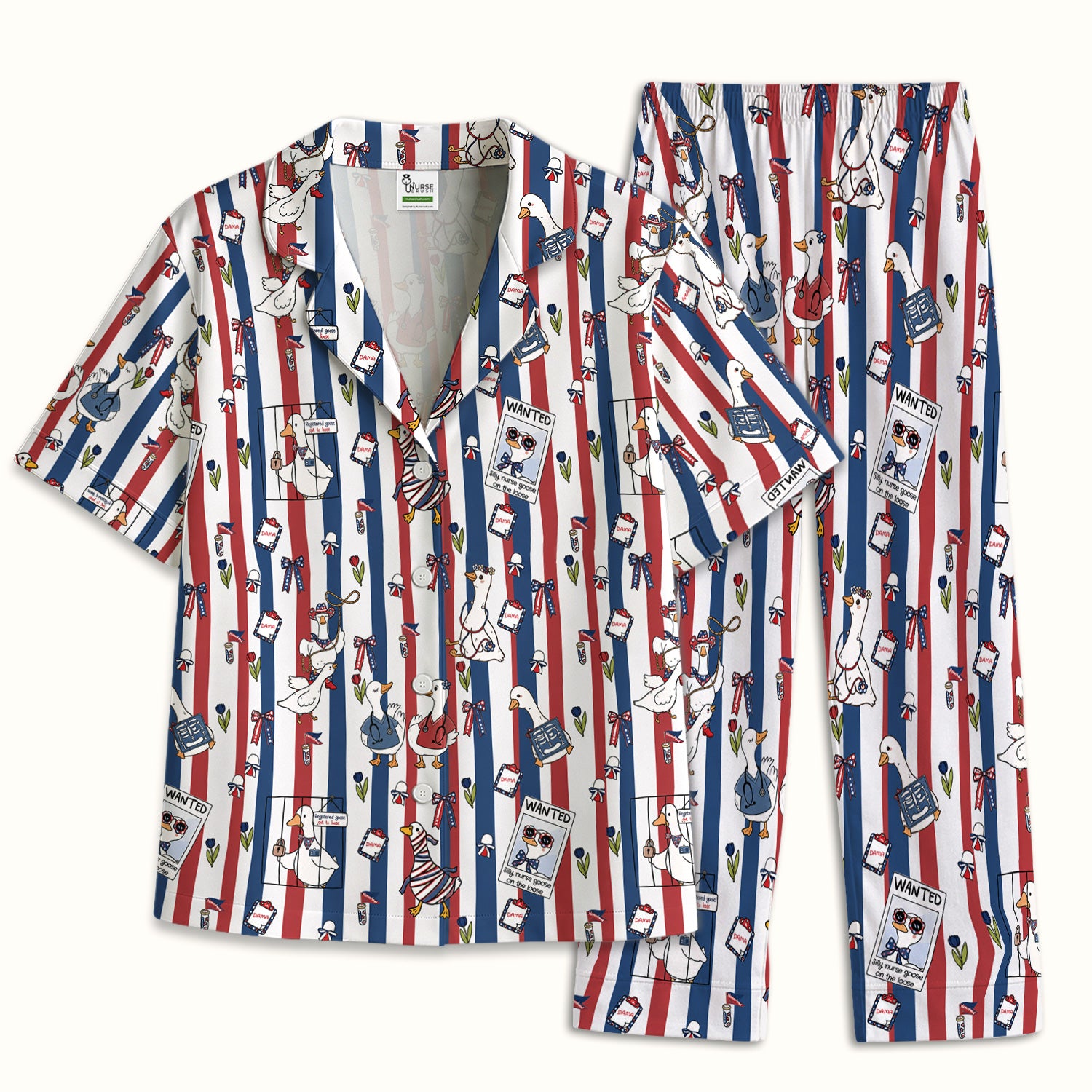 Funny Patriotic Goose Nurse Pattern Pajama Set, Soft Breathable Fabric Comfortable Sleepwear