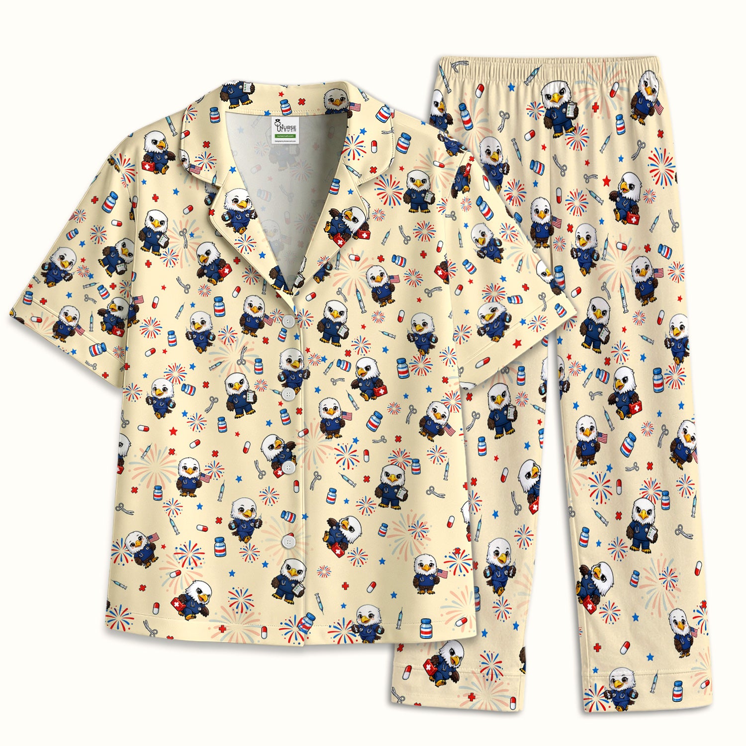 Patriotic Nurse Eagle Fireworks Medical Pattern Pajama Set, Breathable Fabrics Uniform