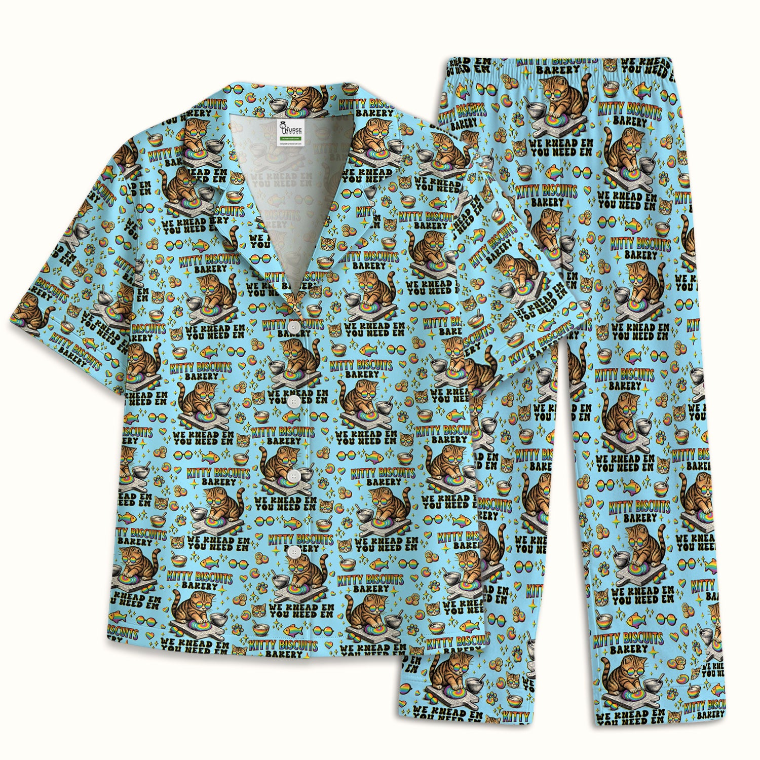 Pride Nurse Cat Baking Rainbow Dough Pattern Pajama Set, Breathable Fabrics Uniform