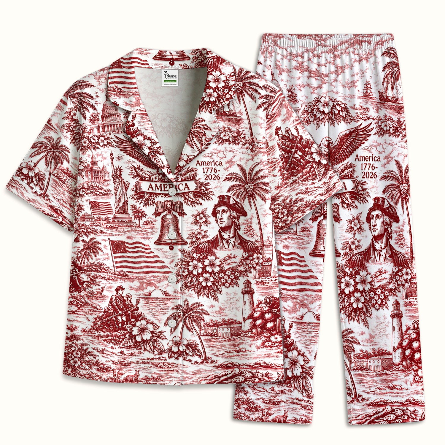 Patriotic America Heritage Toile Pattern Pajama Set, Breathable Fabrics Uniform