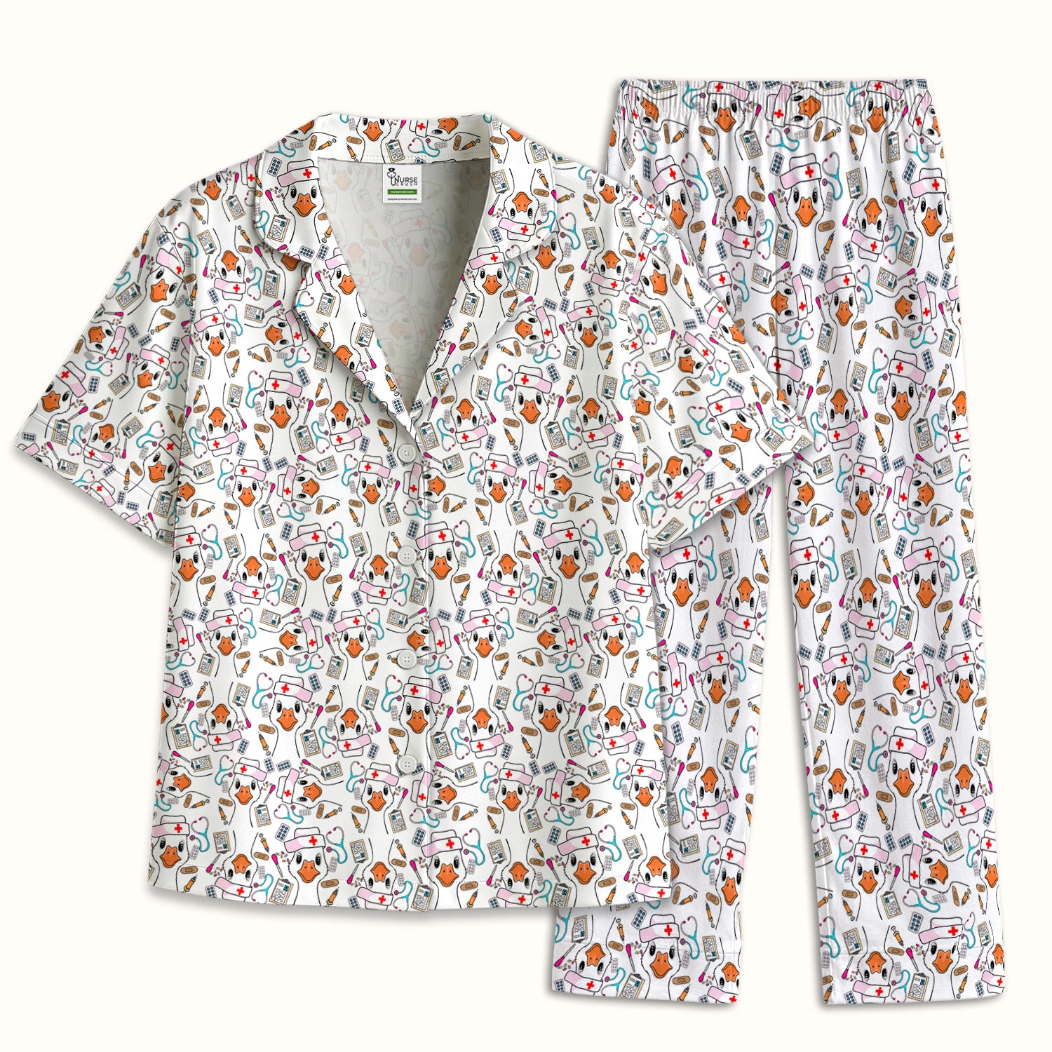 Duck Wearing Hat With Medical Tools Pajama Set, Breathable Fabrics Uniform