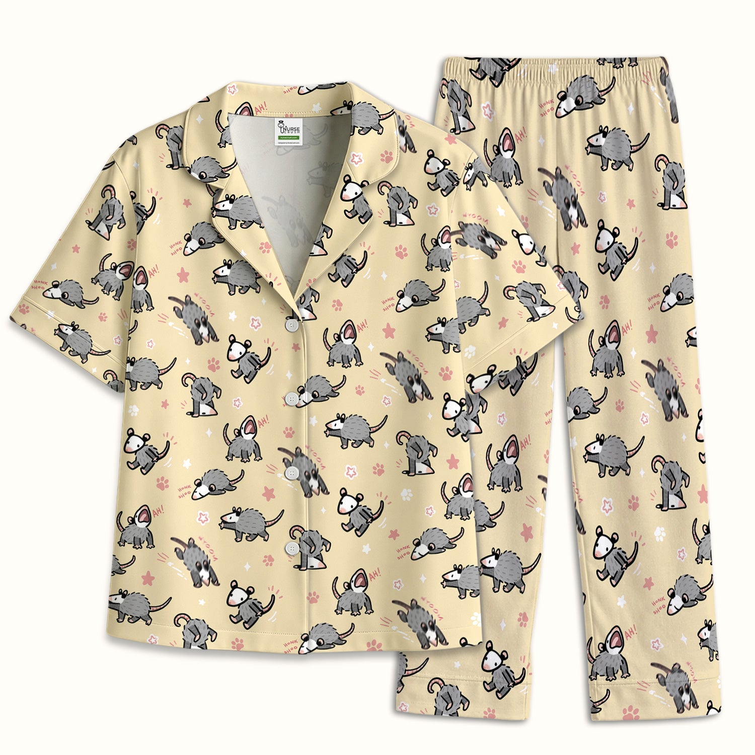 Playful Cartoon Opossum Character Pattern Pajama Set, Breathable Fabrics Uniform