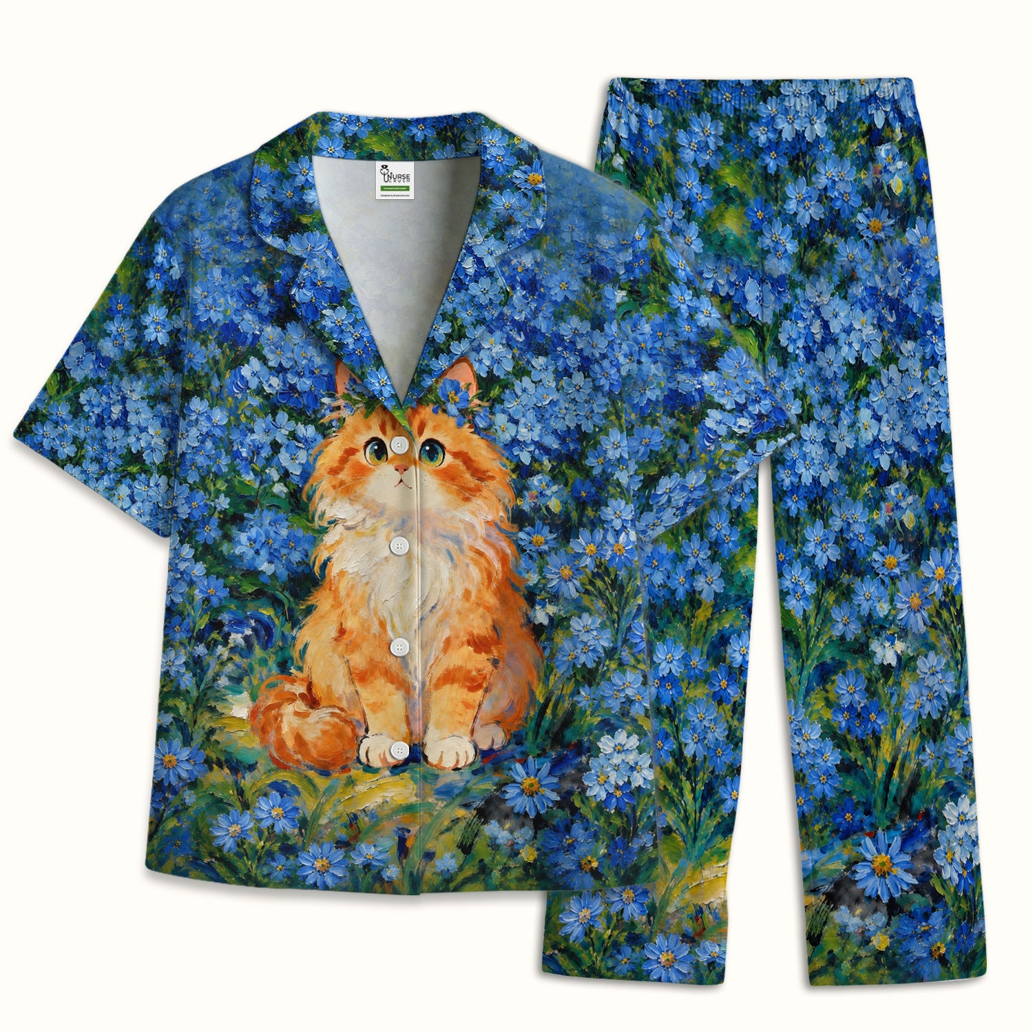 Cute Blue Floral Cat Pattern Pajama Set, Soft Breathable Fabric Comfortable Sleepwear