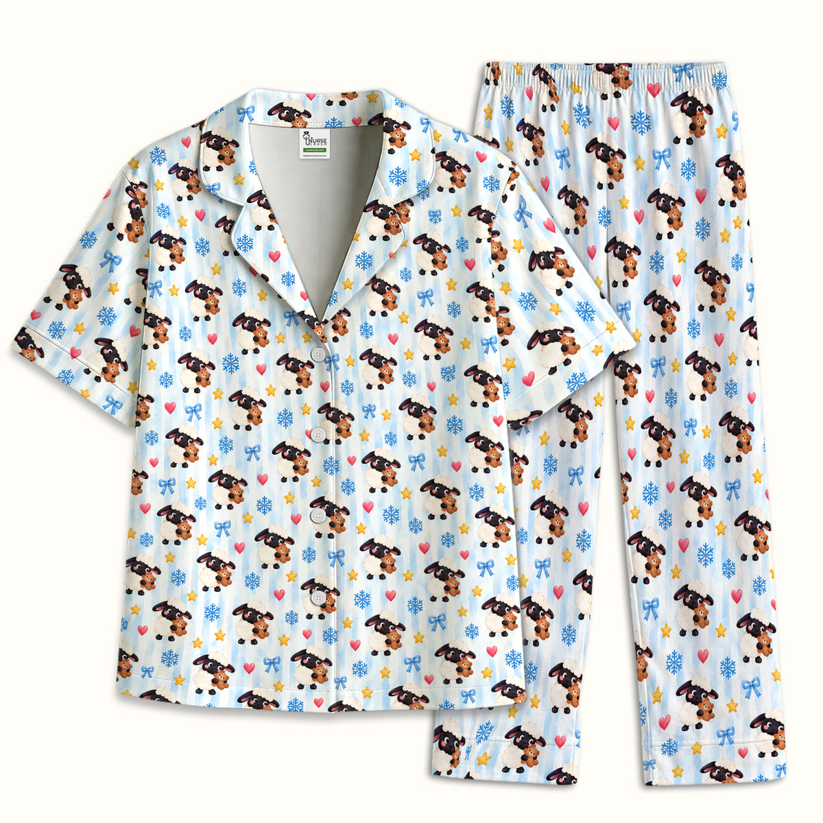 Cute Winter Lambs Holding Teddy Bears Pajama Set, Soft Breathable Fabric Comfortable Sleepwear