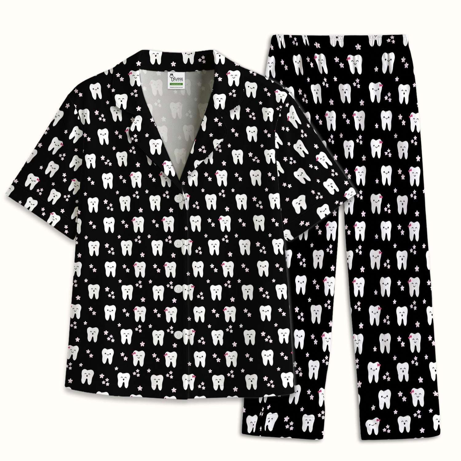 Cute Smiling Tooth And Flowers Pajama Set, Soft Breathable Fabric Comfortable Sleepwear