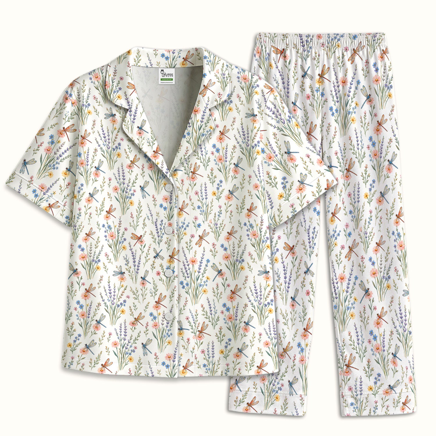 Dragonfly Wildflower Meadow Pattern Pajama Set, Soft Breathable Fabric Comfortable Sleepwear