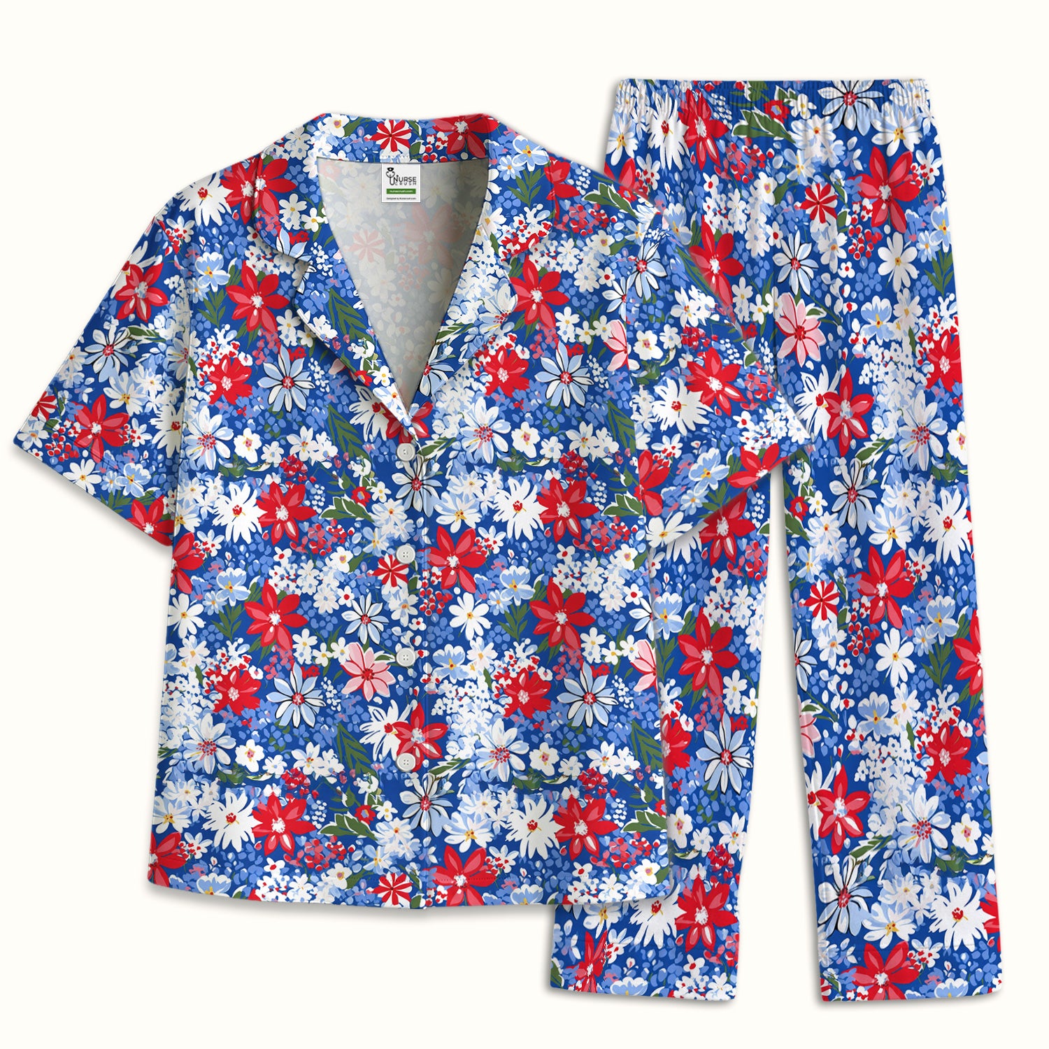 Patriotic Red White Blue Floral Garden Print Pajama Set, Soft Breathable Fabric Comfortable Sleepwear