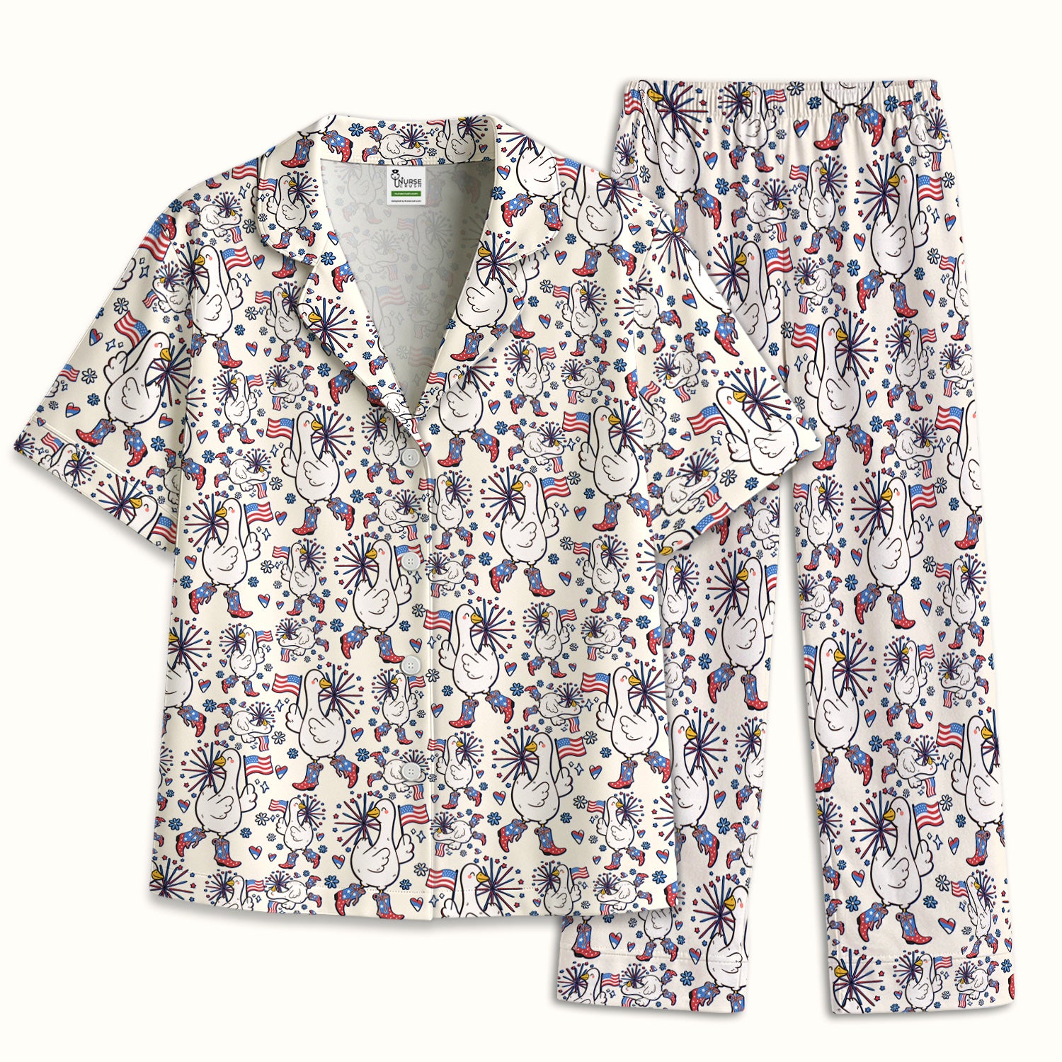 Patriotic Goose With USA Flag Fireworks Pajama Set, Soft Breathable Fabric Comfortable Sleepwear