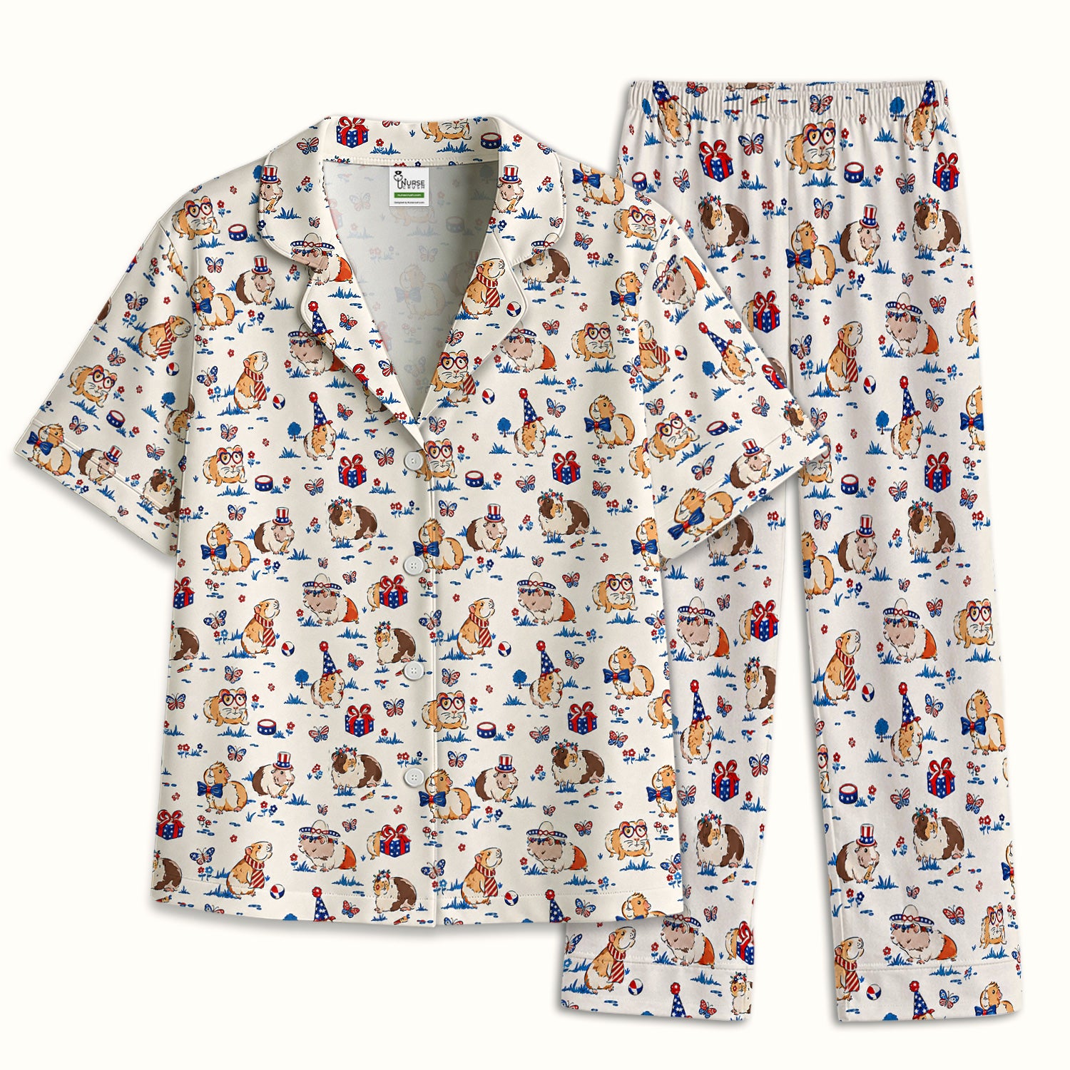 Patriotic Guinea Pig Celebration Pattern Pajama Set, Soft Breathable Fabric Comfortable Sleepwear