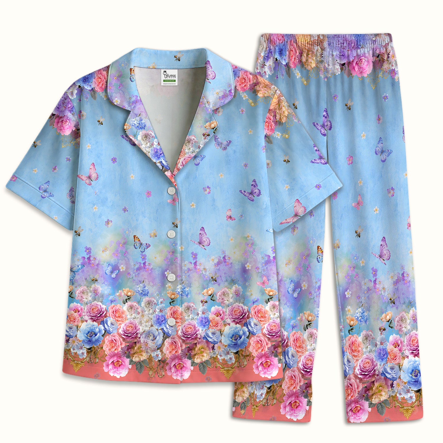 Pastel Flower Garden Print Pajama Set, Soft Breathable Fabric Comfortable Sleepwear