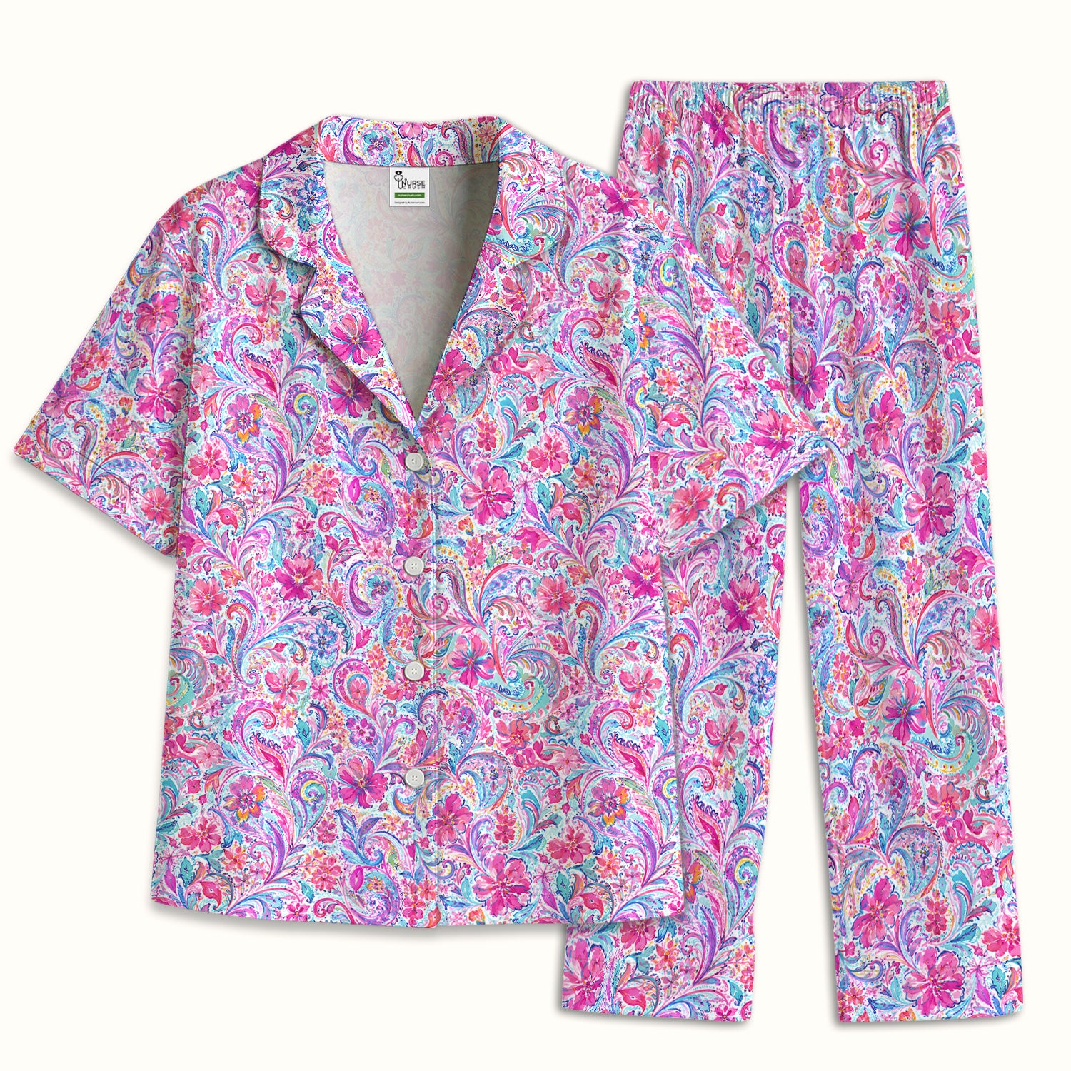 Elegant Pink Paisley Blossom Pattern Pajama Set, Soft Breathable Fabric Comfortable Sleepwear
