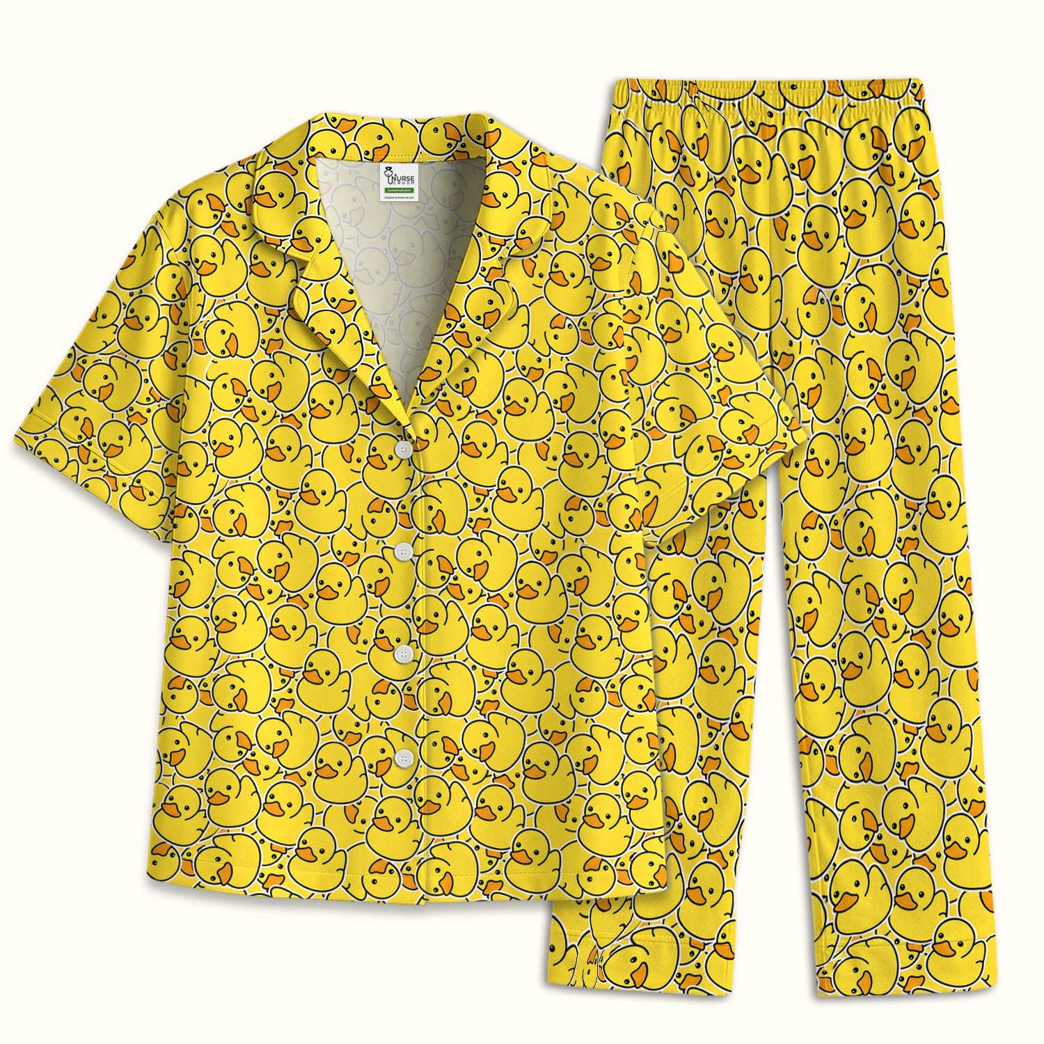 Yellow Rubber Duck Pattern Pajama Set, Soft Breathable Fabric Comfortable Sleepwear