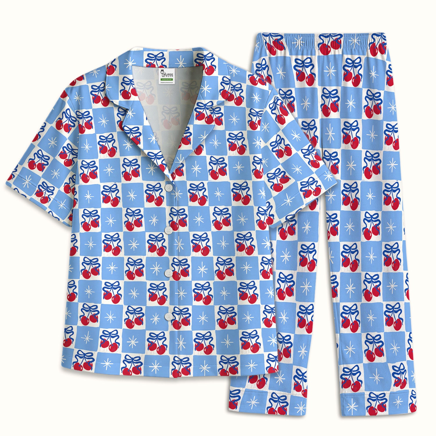 Cute Cherry Bow With Blue Gingham Check Pattern Pajama Set, Soft Breathable Fabric Comfortable Sleepwear