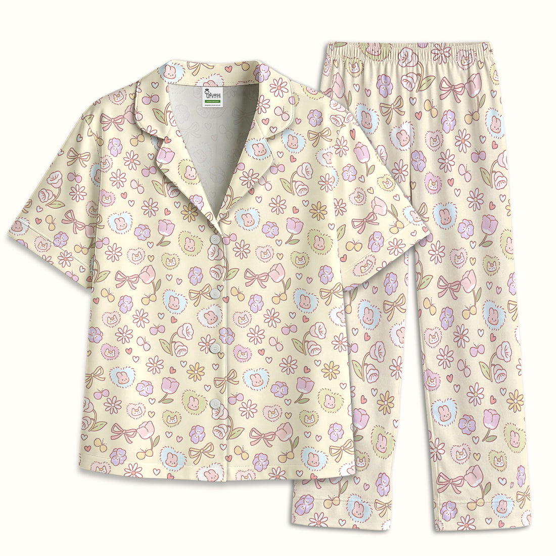 Pastel Bunny Flower Heart Pattern Nurse Pajama Set, Soft Breathable Fabric Comfortable Sleepwear
