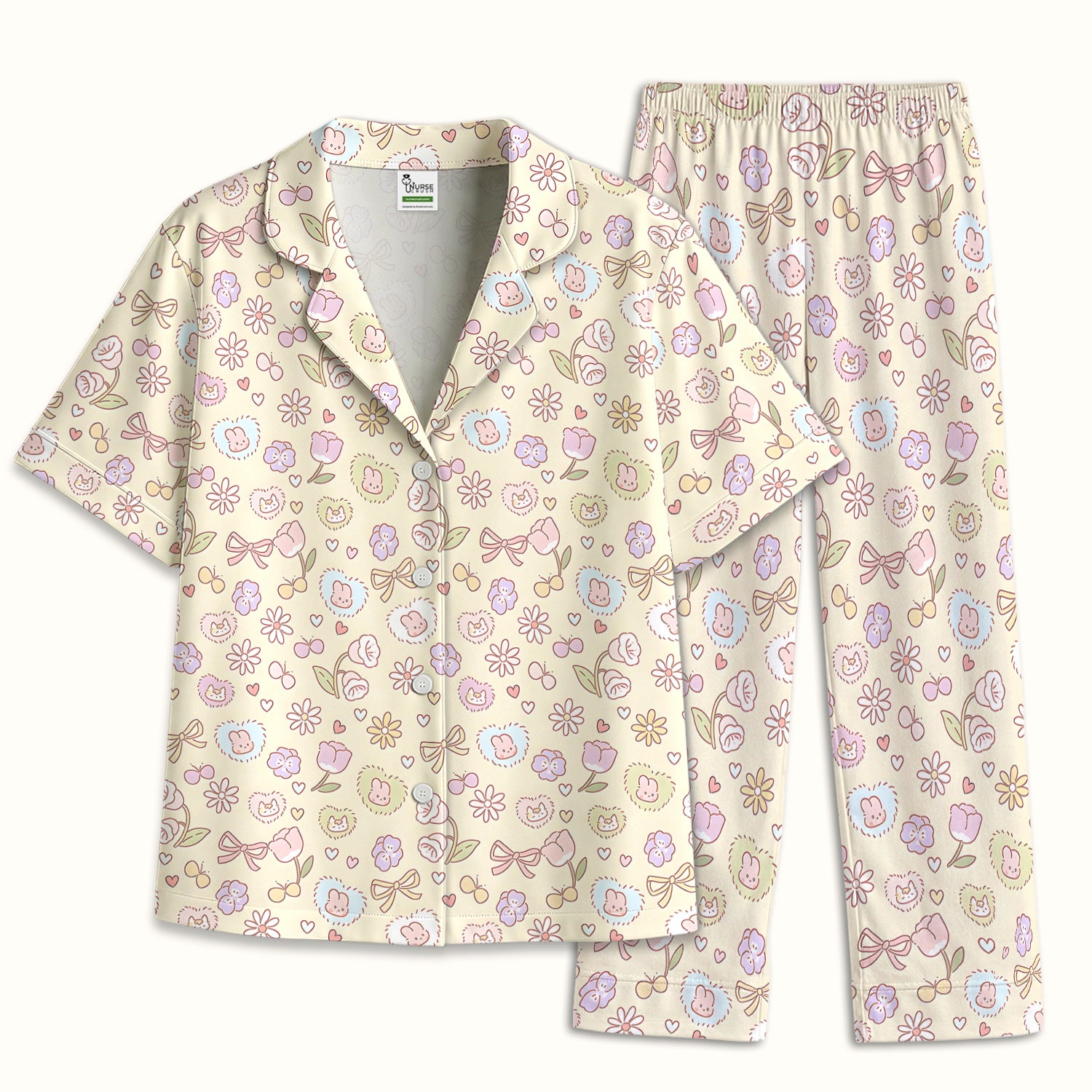 Pastel Bunny Flower Heart Pattern Nurse Pajama Set, Soft Breathable Fabric Comfortable Sleepwear