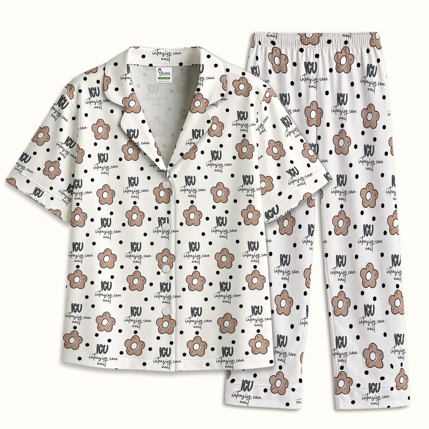 Cute ICU Nurse Flower Polka Dot Pattern Pajama Set, Soft Breathable Fabric Comfortable Sleepwear