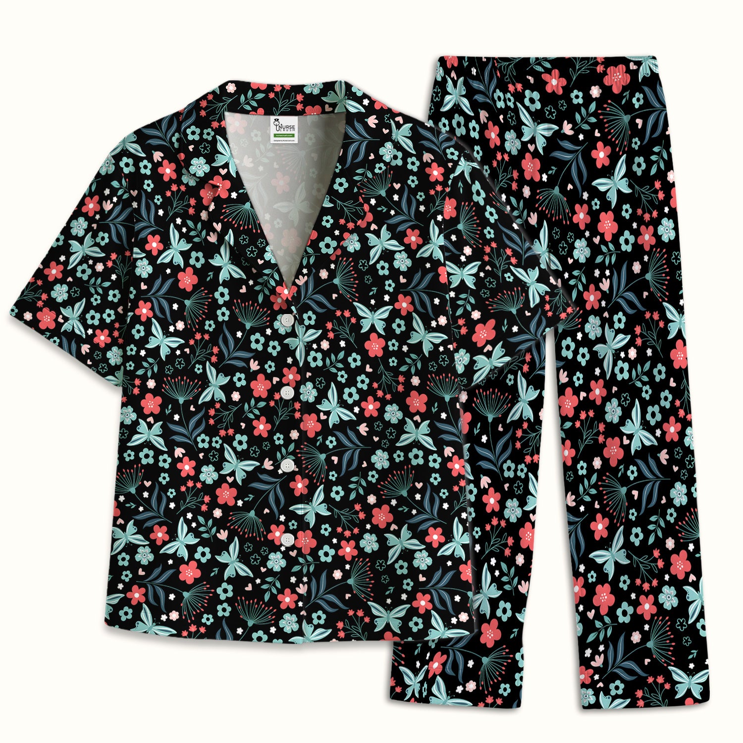 Cute Floral Butterfly Garden Print Pajama Set, Soft Breathable Fabric Comfortable Sleepwear