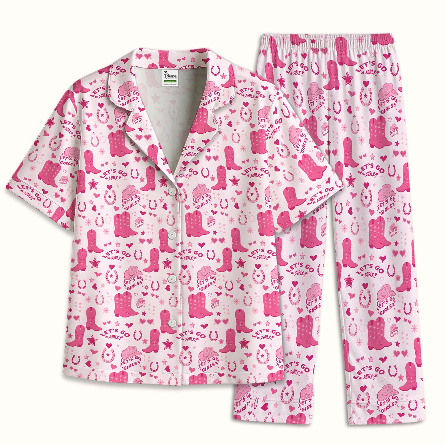 Pink Cowgirl Boots Print Pajama Set, Soft Breathable Fabric Comfortable Sleepwear
