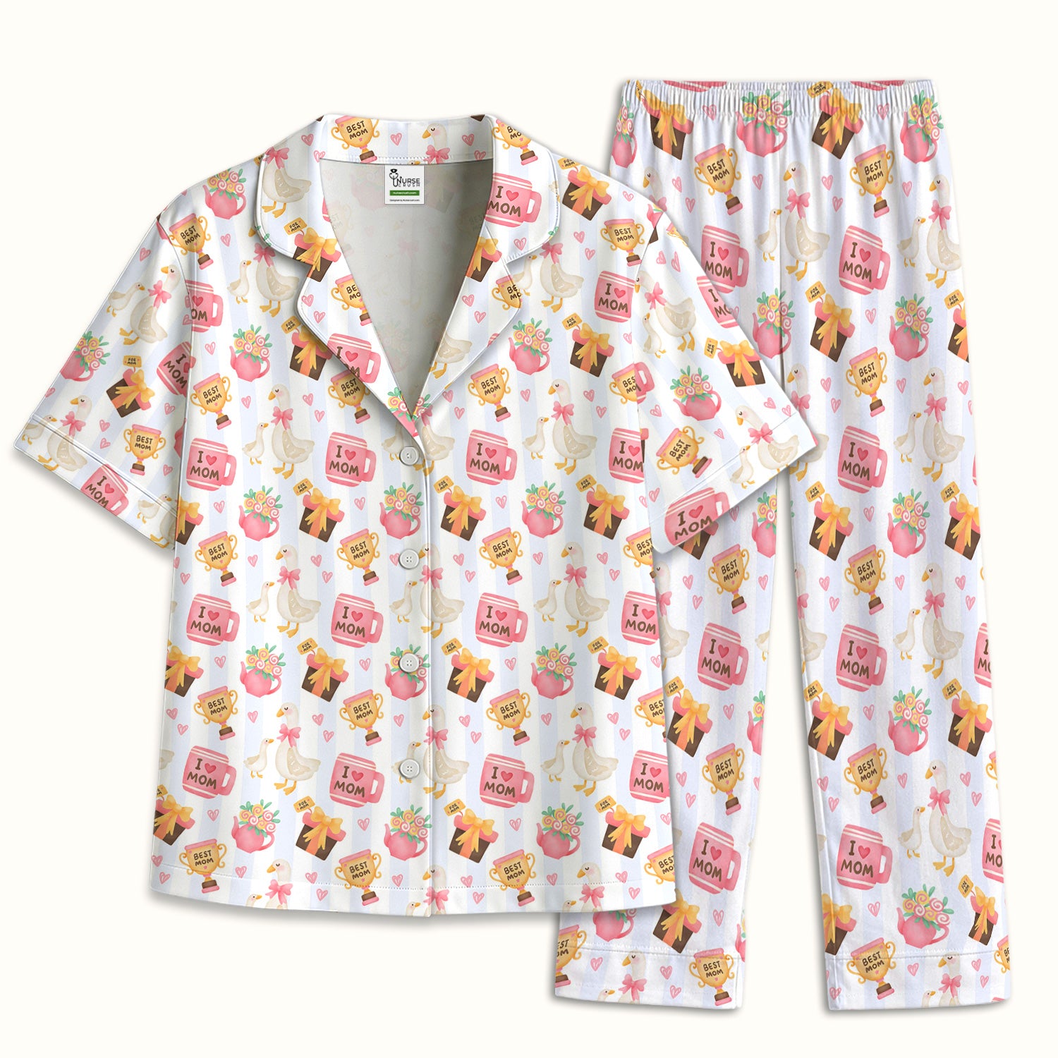 Sweet Nurse Mom Goose Gift Trophy Pattern Pajama Set, Soft Breathable Fabric Comfortable Sleepwear