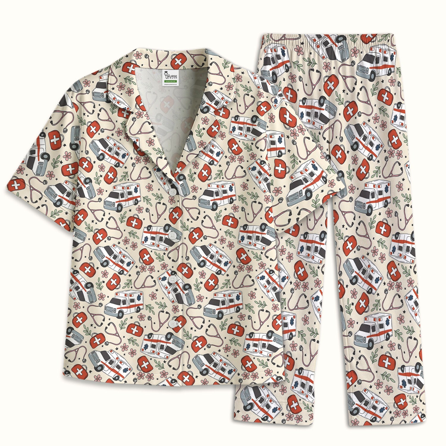 Ambulance Stethoscope First Aid Floral Pattern Pajama Set, Breathable Fabrics Uniform