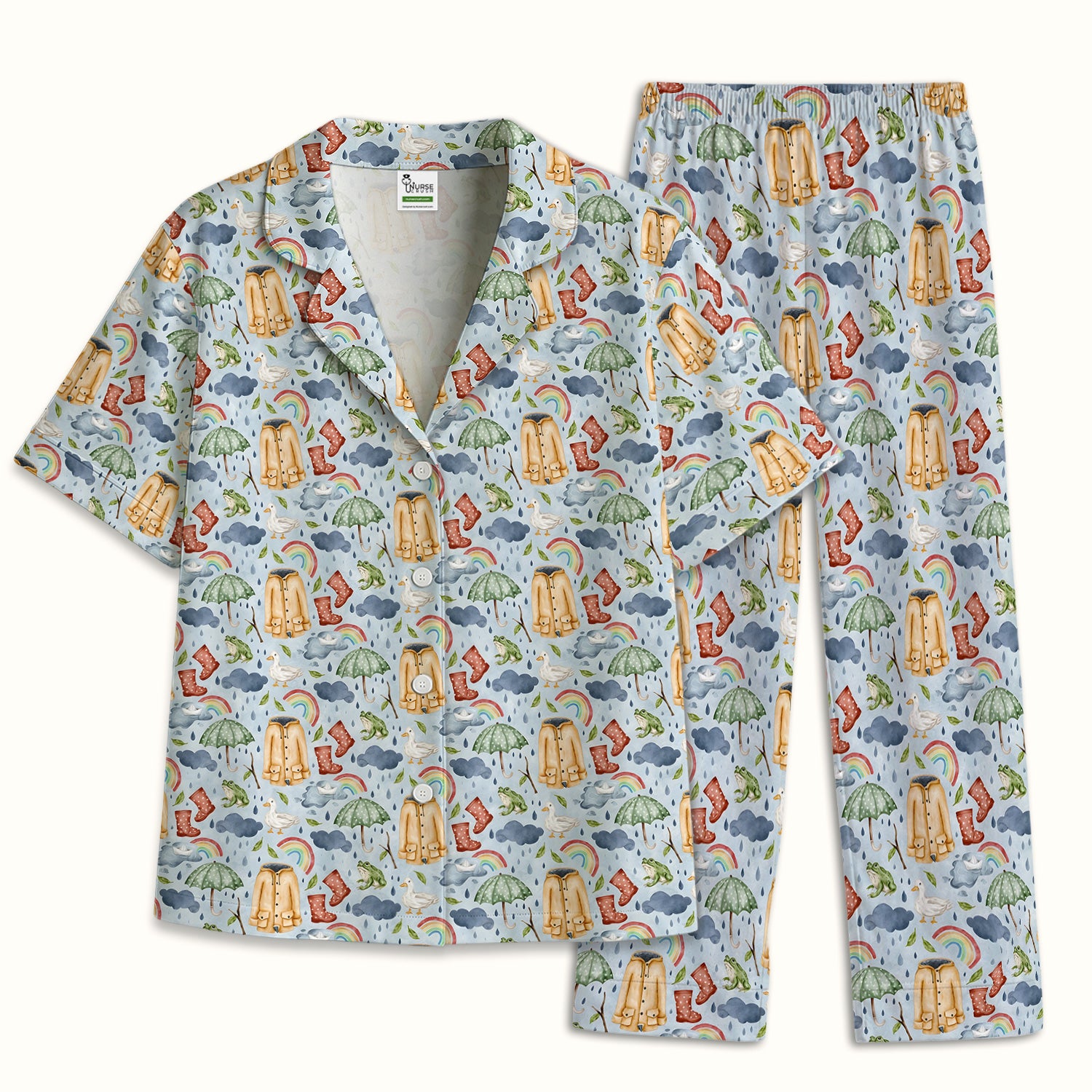 Cute Rainy Day Ducks & Frog Rainbow Pattern Pajama Set, Soft Breathable Fabric Comfortable Sleepwear
