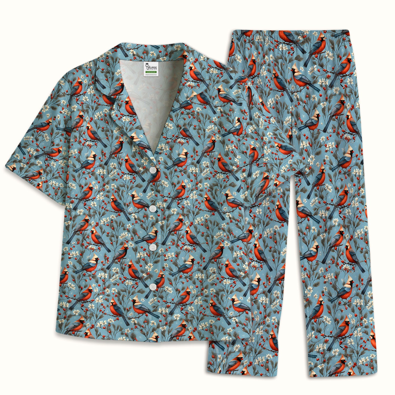Cute Cardinal Berry Blossom Pattern Pajama Set, Soft Breathable Fabric Comfortable Sleepwear
