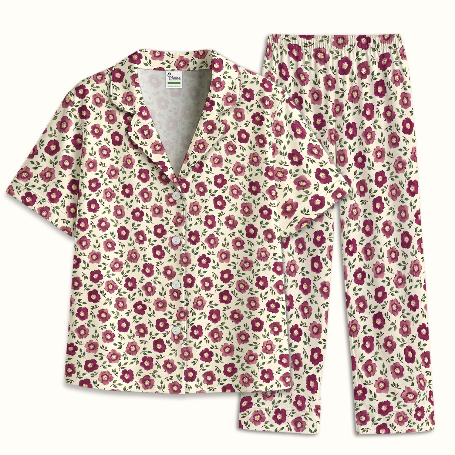 Purple Floral Blossom Leaf Pattern Pajama Set, Soft Breathable Fabric Comfortable Sleepwear